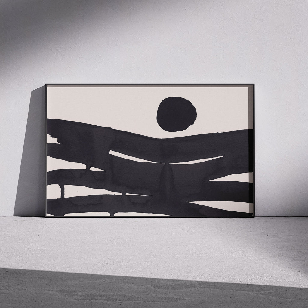 Composition in Ink 10 framed art print in black ink – contemporary abstract giclée print shown in frame, landscape format, 45×30 cm, no scale reference, Open Wall Studio