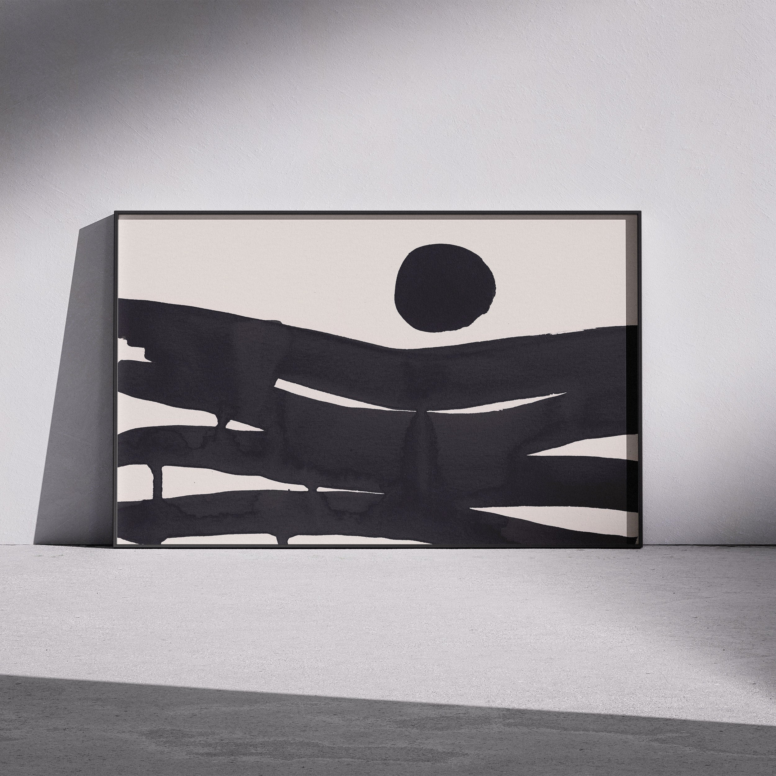 Composition in Ink 10 framed art print in black ink – contemporary abstract giclée print shown in frame, landscape format, 60×40 cm, no scale reference, Open Wall Studio