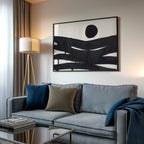Composition in Ink 10 in black ink displayed in a modern interior, room mockup view one – abstract giclée wall art, 60×40 cm, landscape format, Open Wall Studio