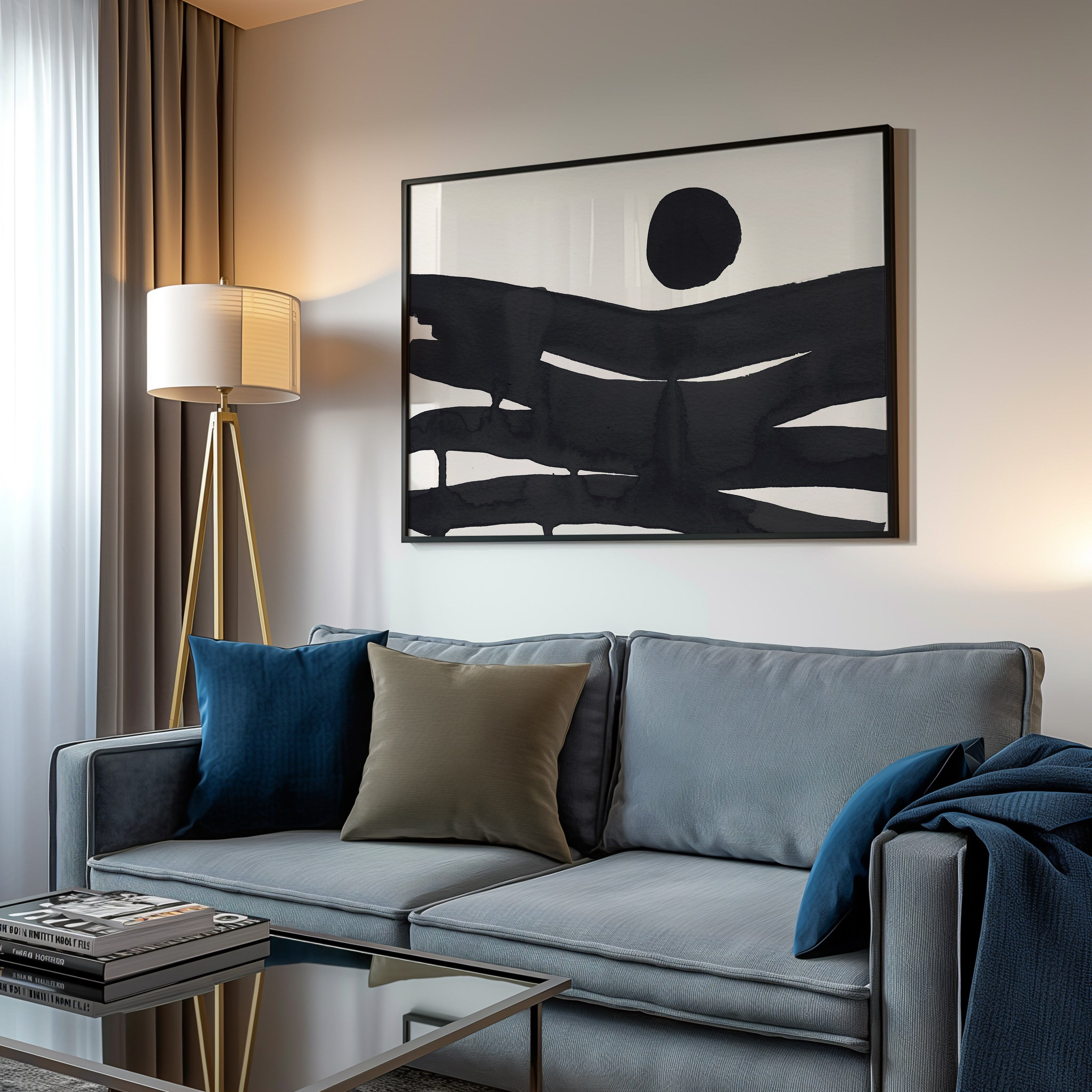 Composition in Ink 10 in black ink displayed in a modern interior, room mockup view one – abstract giclée wall art, 90×60 cm, landscape format, Open Wall Studio