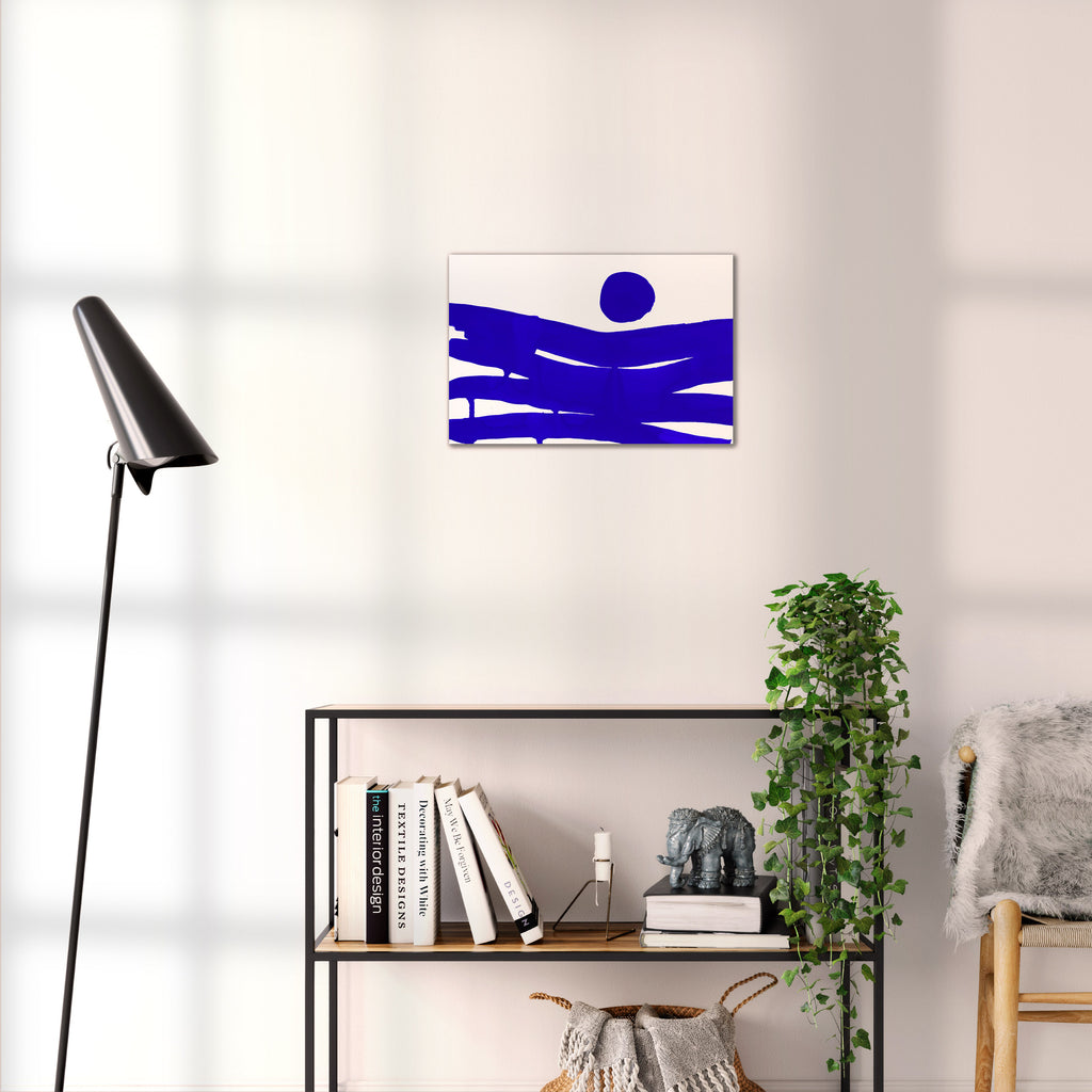 Composition in Ink 10 blue ink, 45×30 cm giclée art print shown to scale in a home interior – abstract minimalist wall art, landscape format, Open Wall Studio Studies in Ink