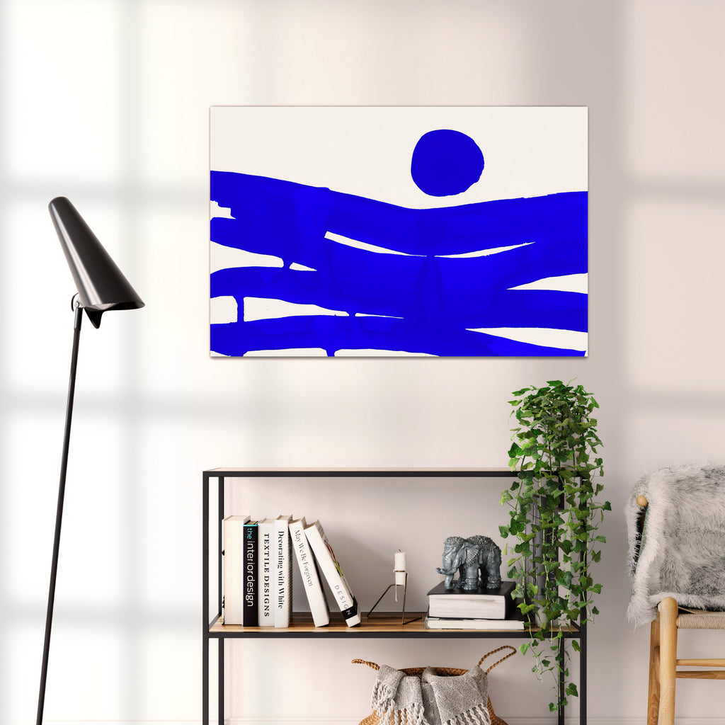 Composition in Ink 10 blue ink, 90×60 cm giclée art print shown to scale in a home interior – abstract minimalist wall art, landscape format, Open Wall Studio Studies in Ink