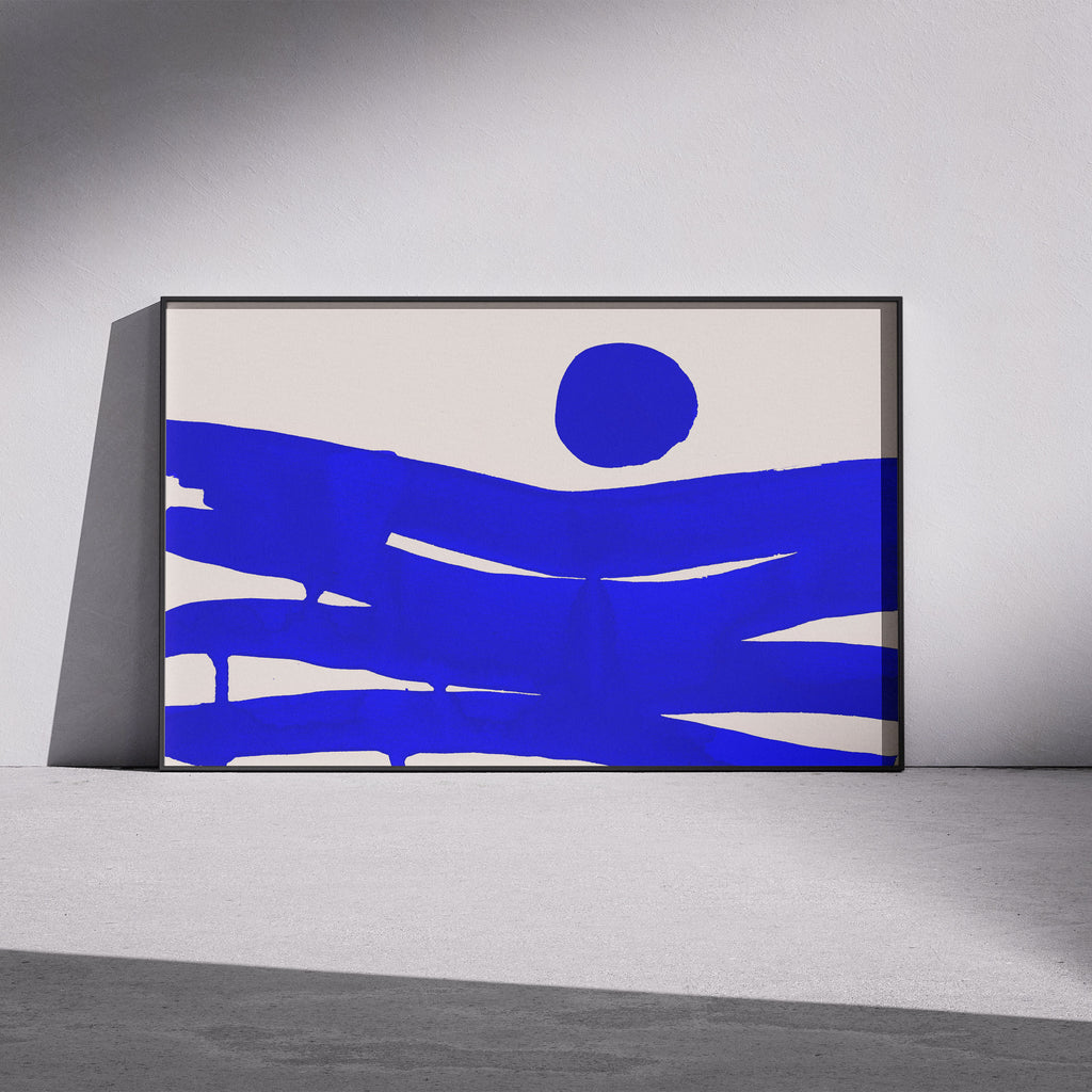 Composition in Ink 10 framed art print in blue ink – contemporary abstract giclée print shown in frame, landscape format, 60×40 cm, no scale reference, Open Wall Studio