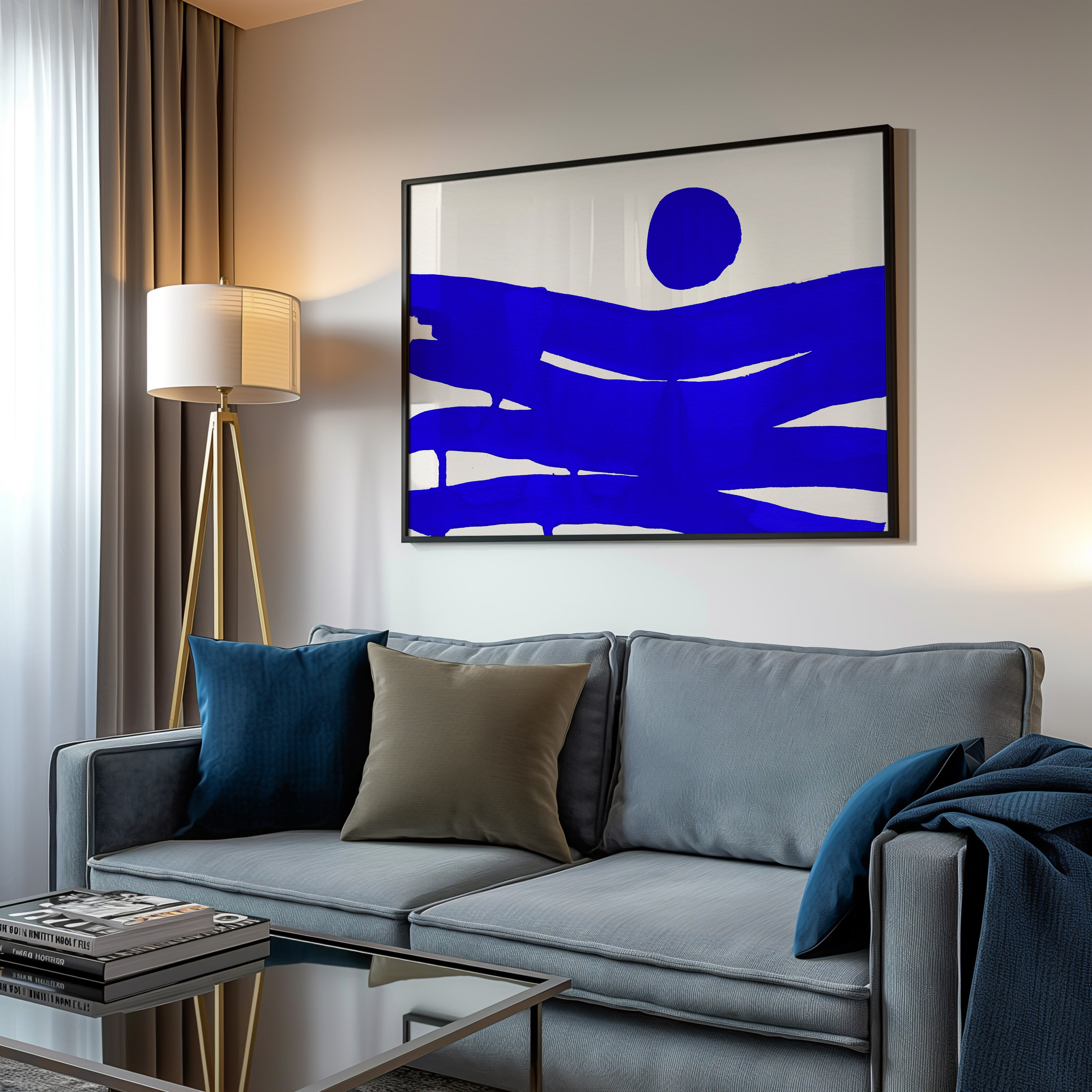 Composition in Ink 10 in blue ink displayed in a modern interior, room mockup view one – abstract giclée wall art, 60×40 cm, landscape format, Open Wall Studio