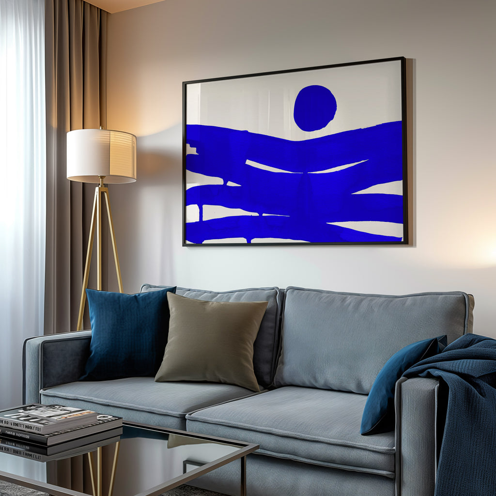 Composition in Ink 10 in blue ink displayed in a modern interior, room mockup view one – abstract giclée wall art, 90×60 cm, landscape format, Open Wall Studio