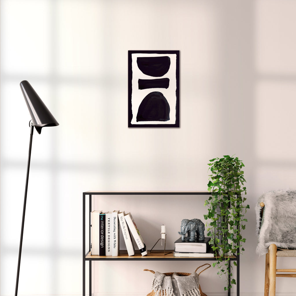 Composition in Ink 17 black ink, 30×45 cm giclée art print shown to scale in a home interior – abstract minimalist wall art, portrait format, Open Wall Studio Studies in Ink