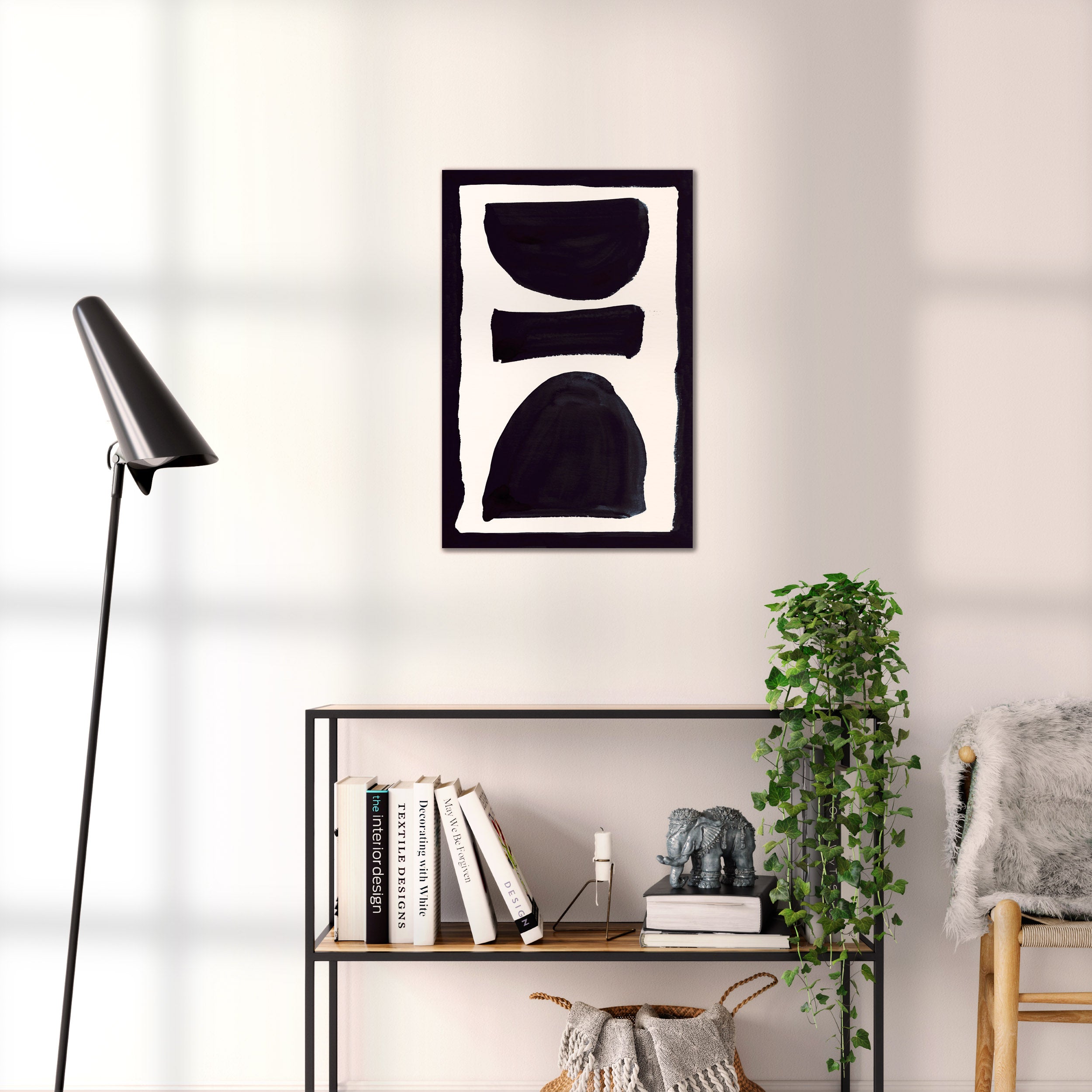 Composition in Ink 17 black ink, 40×60 cm giclée art print shown to scale in a home interior – abstract minimalist wall art, portrait format, Open Wall Studio Studies in Ink