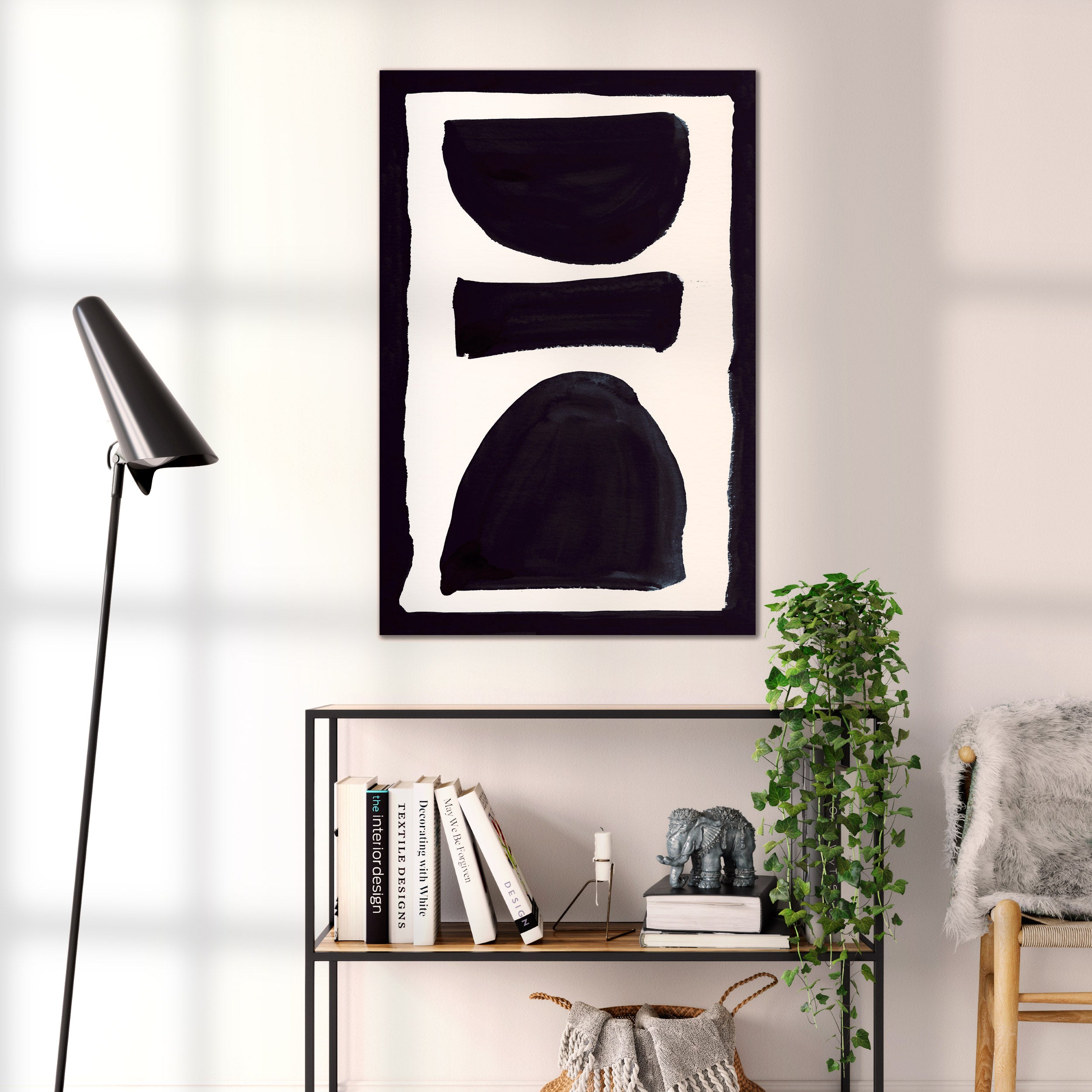 Composition in Ink 17 black ink, 60×90 cm giclée art print shown to scale in a home interior – abstract minimalist wall art, portrait format, Open Wall Studio Studies in Ink