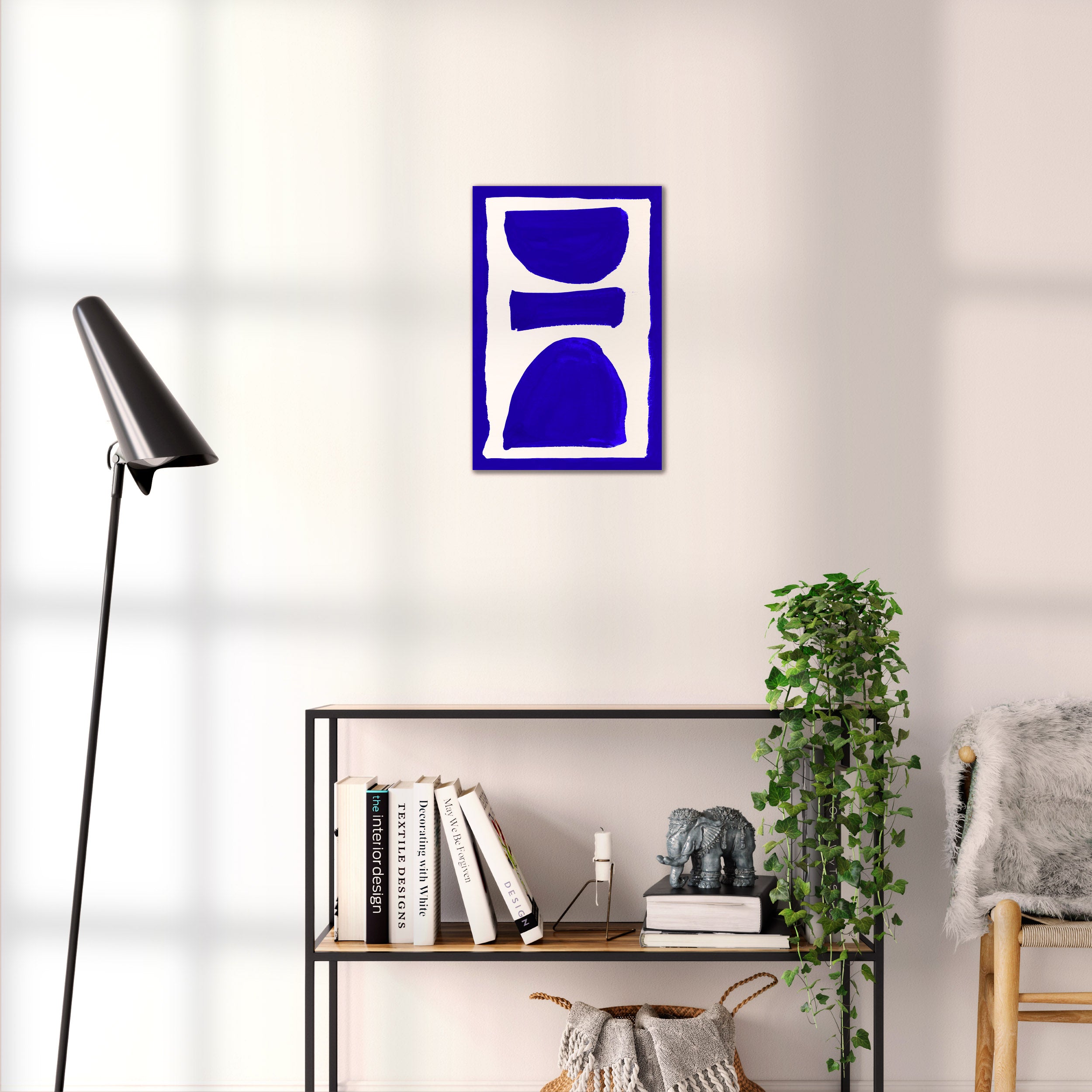Composition in Ink 17 blue ink, 30×45 cm giclée art print shown to scale in a home interior – abstract minimalist wall art, portrait format, Open Wall Studio Studies in Ink