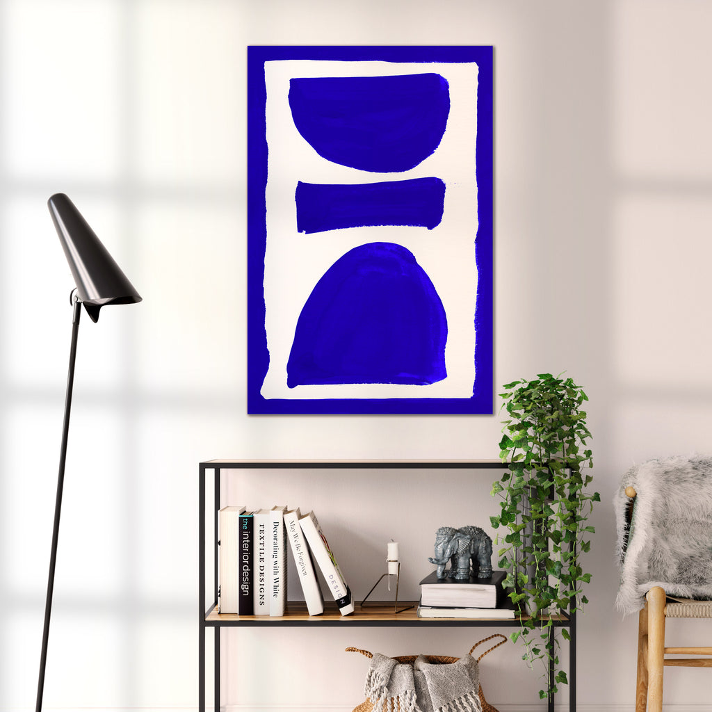 Composition in Ink 17 blue ink, 60×90 cm giclée art print shown to scale in a home interior – abstract minimalist wall art, portrait format, Open Wall Studio Studies in Ink