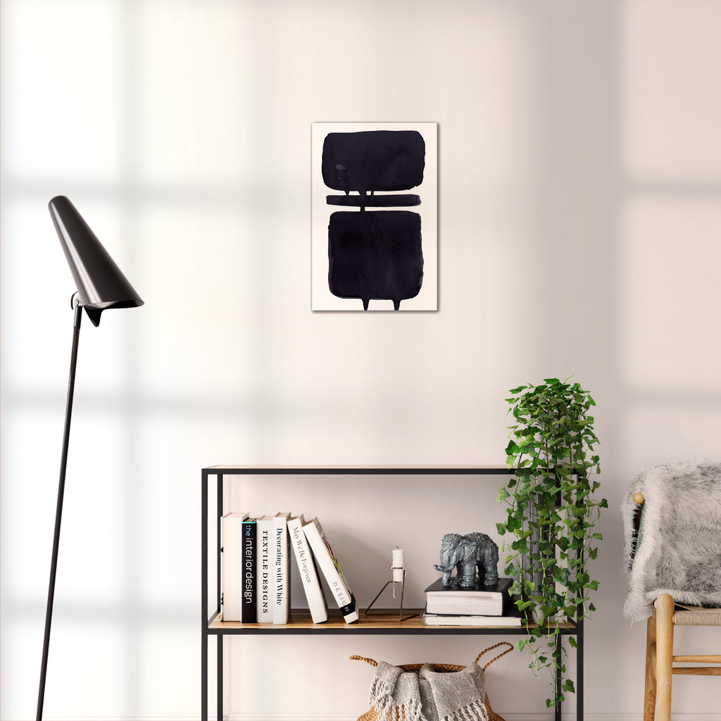 Composition in Ink 18 black ink, 30×45 cm giclée art print shown to scale in a home interior – abstract minimalist wall art, portrait format, Open Wall Studio Studies in Ink