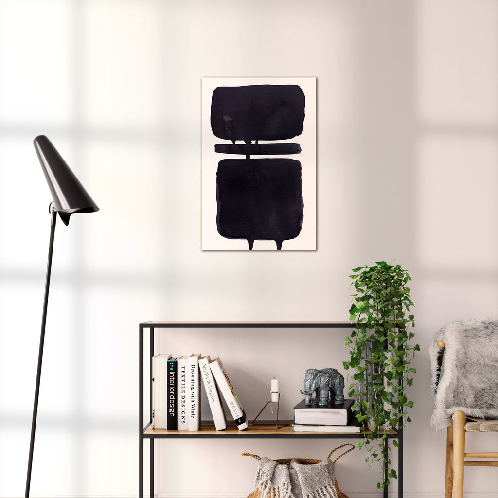 Composition in Ink 18 black ink, 40×60 cm giclée art print shown to scale in a home interior – abstract minimalist wall art, portrait format, Open Wall Studio Studies in Ink