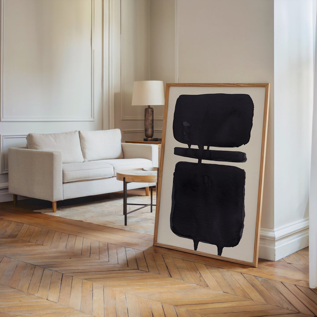 Composition in Ink 18 in black ink displayed in a modern interior, room mockup view one – abstract giclée wall art, 60×90 cm, portrait format, Open Wall Studio