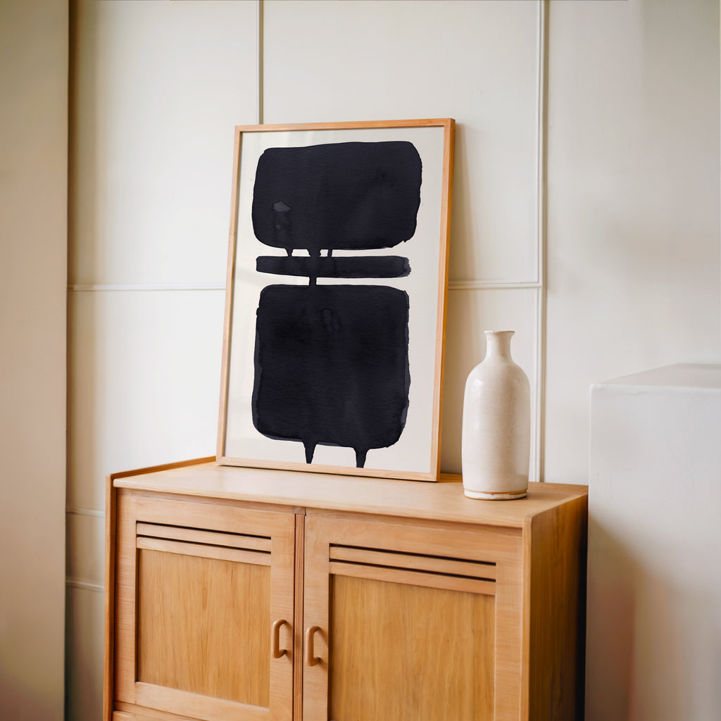 Composition in Ink 18 in black ink displayed in a modern interior, room mockup view two – abstract giclée wall art, 40×60 cm, portrait format, Open Wall Studio