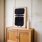 Composition in Ink 18 in black ink displayed in a modern interior, room mockup view two – abstract giclée wall art, 60×90 cm, portrait format, Open Wall Studio