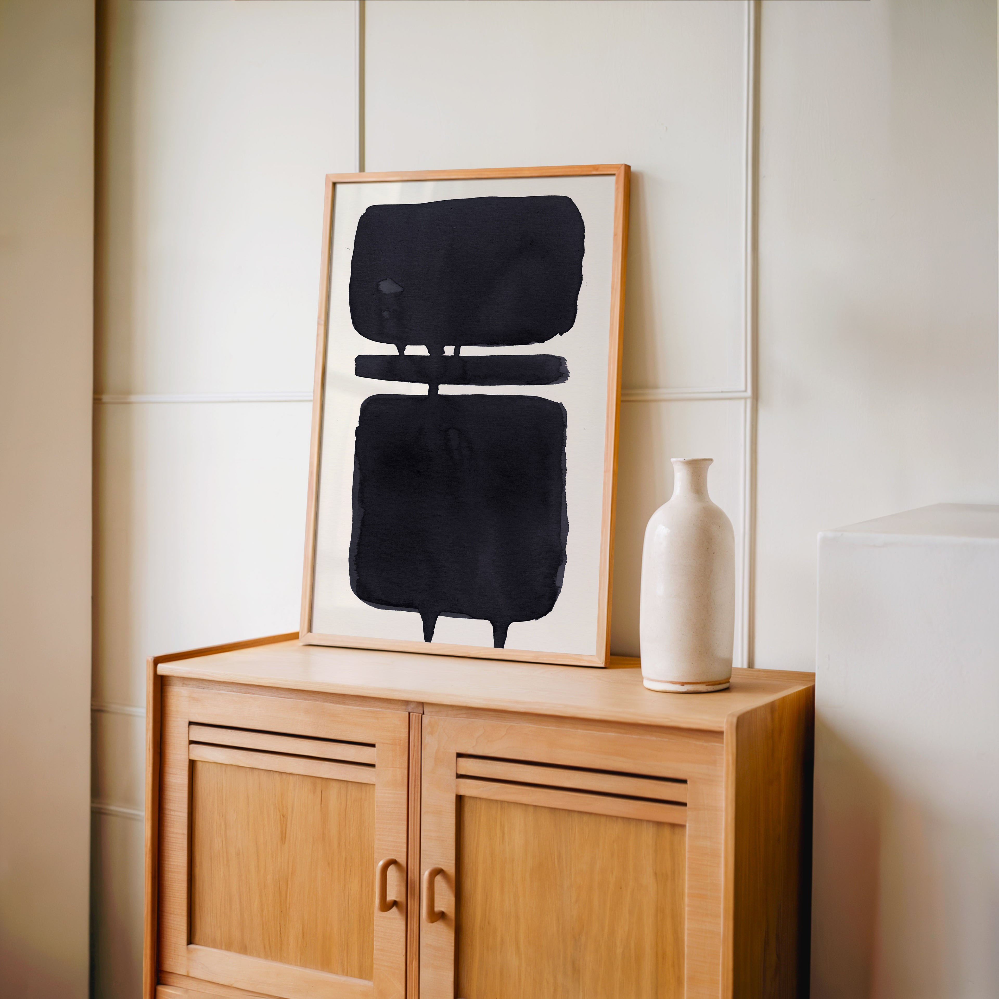 Composition in Ink 18 in black ink displayed in a modern interior, room mockup view two – abstract giclée wall art, 60×90 cm, portrait format, Open Wall Studio