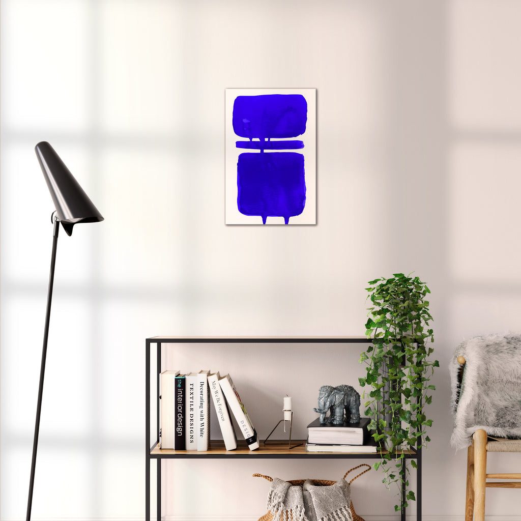 Composition in Ink 18 blue ink, 30×45 cm giclée art print shown to scale in a home interior – abstract minimalist wall art, portrait format, Open Wall Studio Studies in Ink