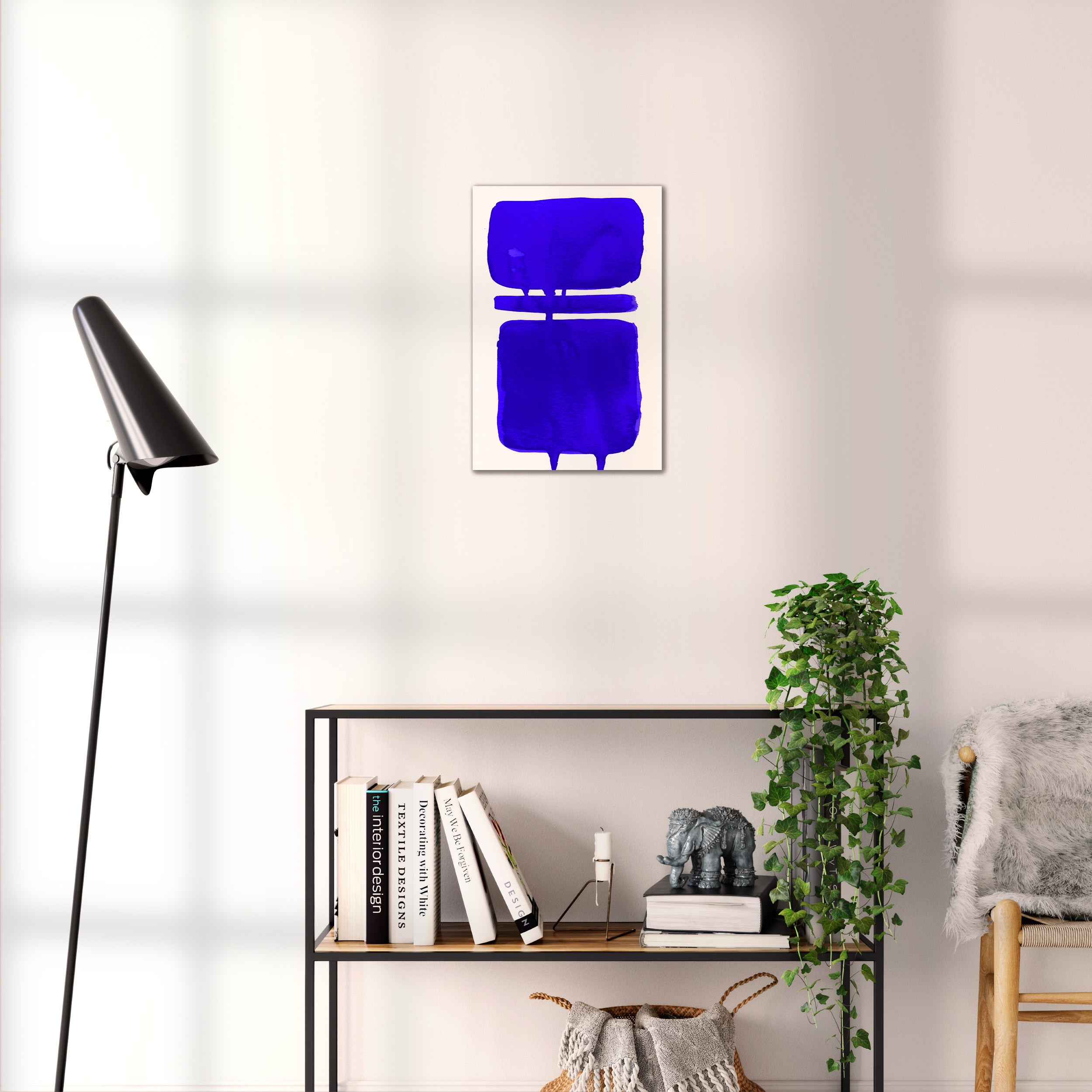 Composition in Ink 18 blue ink, 30×45 cm giclée art print shown to scale in a home interior – abstract minimalist wall art, portrait format, Open Wall Studio Studies in Ink