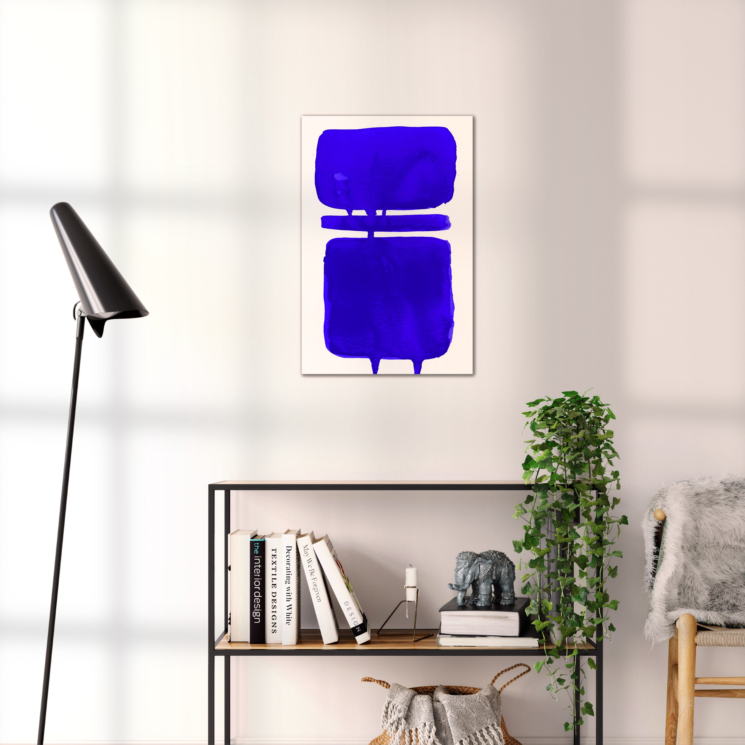 Composition in Ink 18 blue ink, 40×60 cm giclée art print shown to scale in a home interior – abstract minimalist wall art, portrait format, Open Wall Studio Studies in Ink