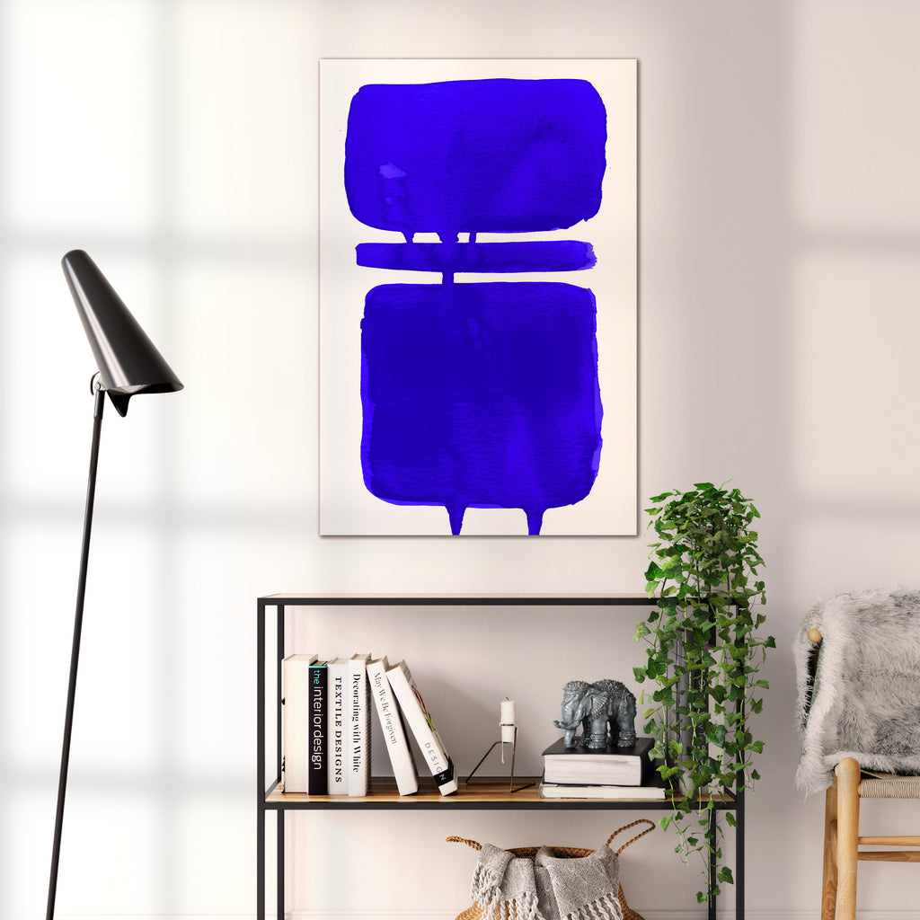 Composition in Ink 18 blue ink, 60×90 cm giclée art print shown to scale in a home interior – abstract minimalist wall art, portrait format, Open Wall Studio Studies in Ink
