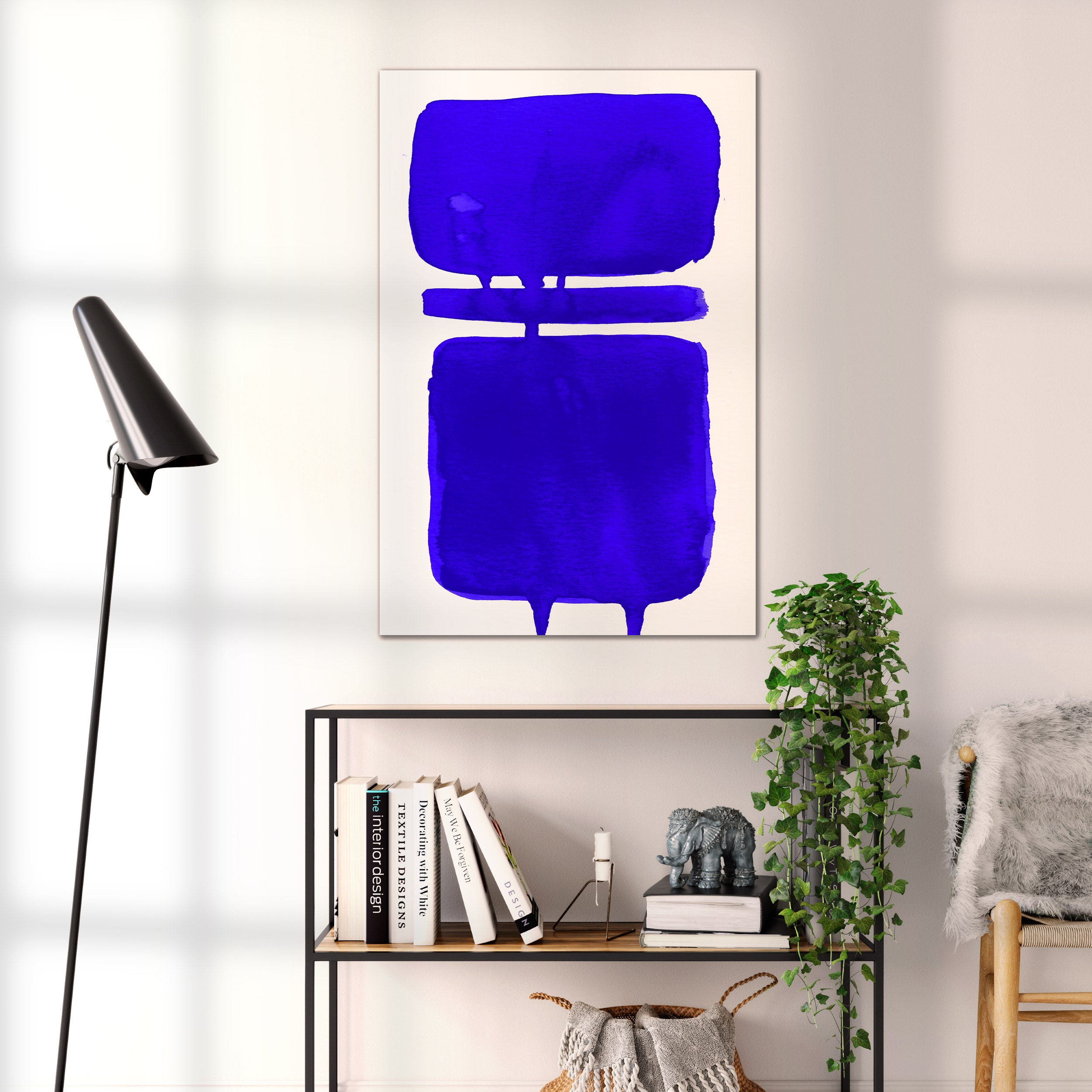Composition in Ink 18 blue ink, 60×90 cm giclée art print shown to scale in a home interior – abstract minimalist wall art, portrait format, Open Wall Studio Studies in Ink