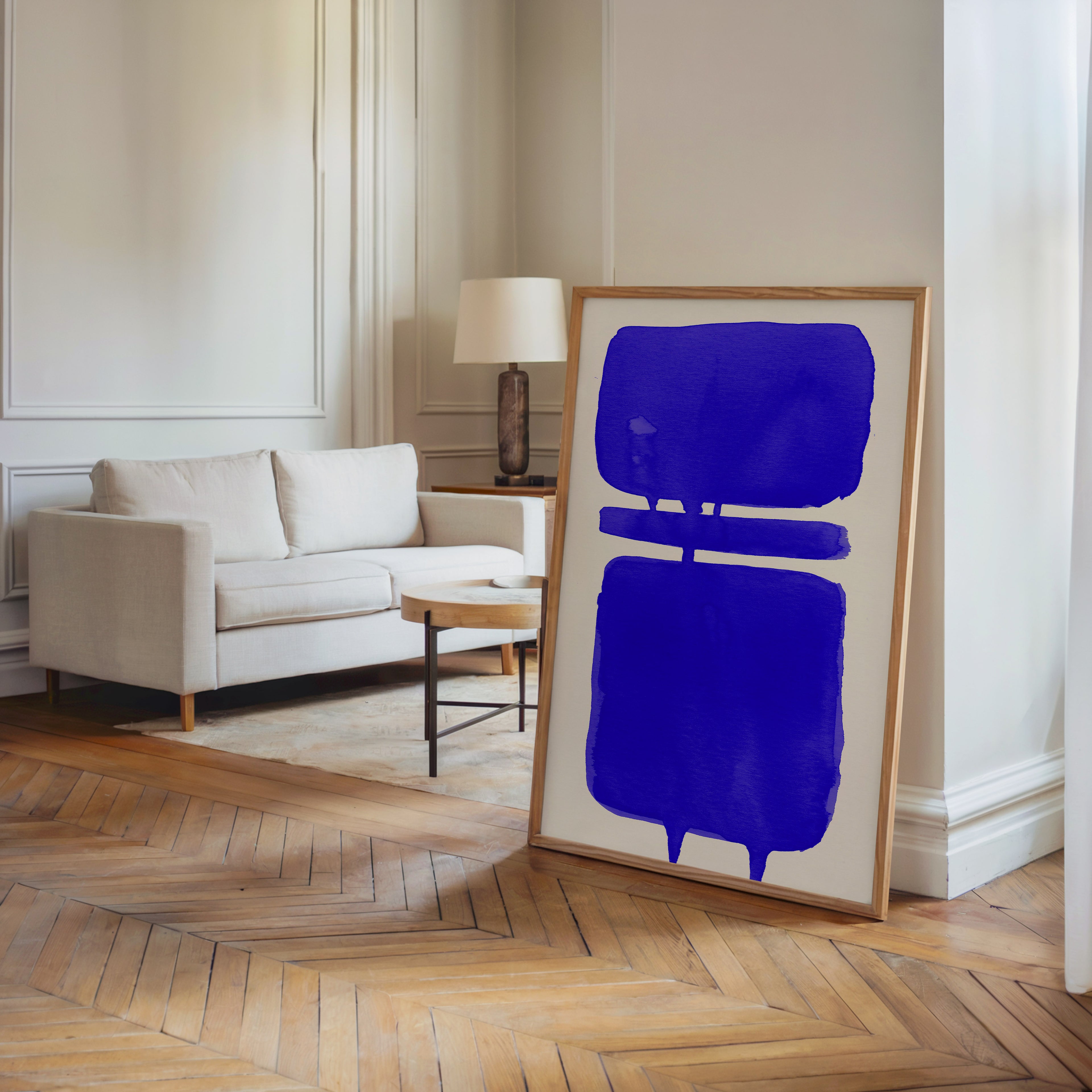 Composition in Ink 18 in blue ink displayed in a modern interior, room mockup view one – abstract giclée wall art, 30×45 cm, portrait format, Open Wall Studio