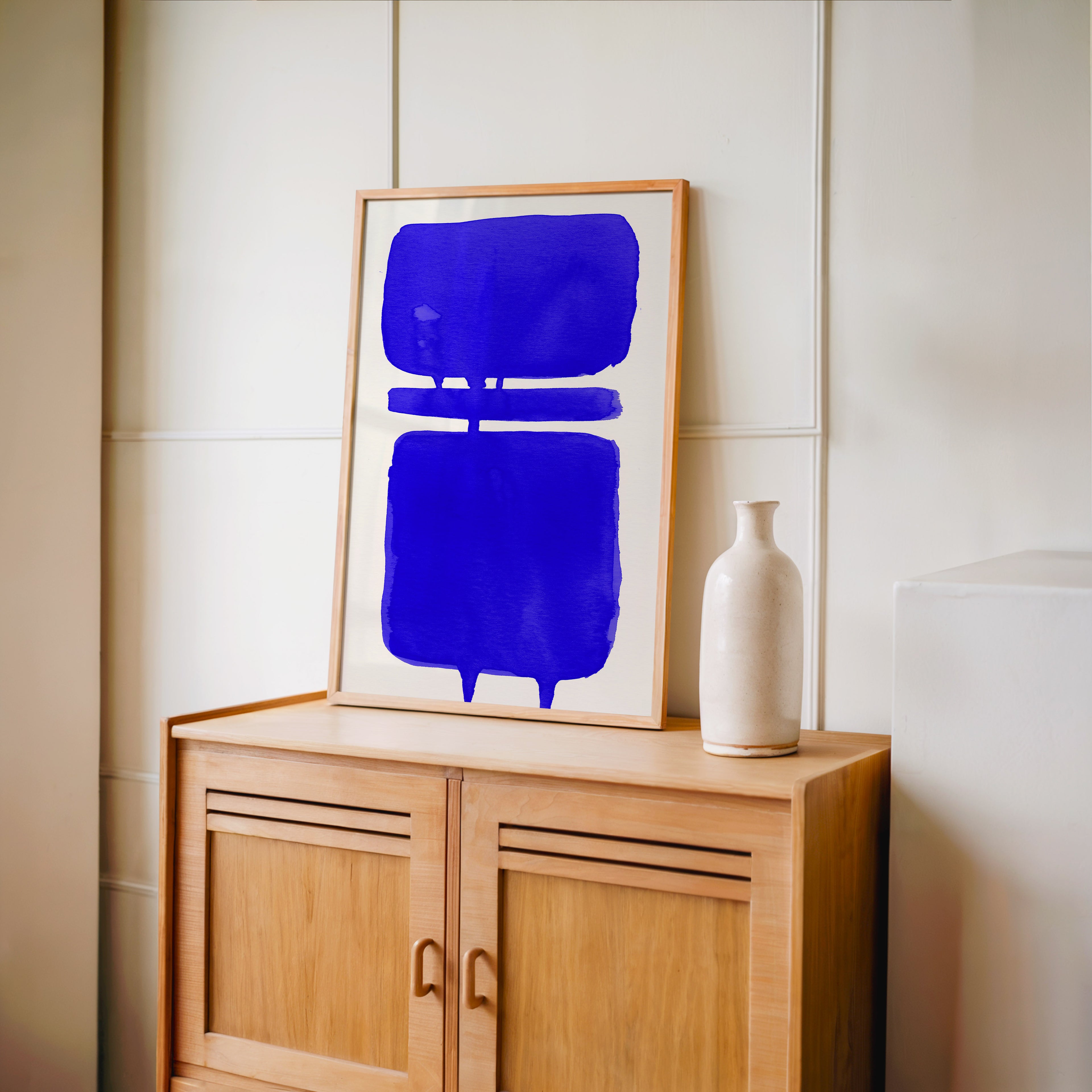Composition in Ink 18 in blue ink displayed in a modern interior, room mockup view two – abstract giclée wall art, 30×45 cm, portrait format, Open Wall Studio