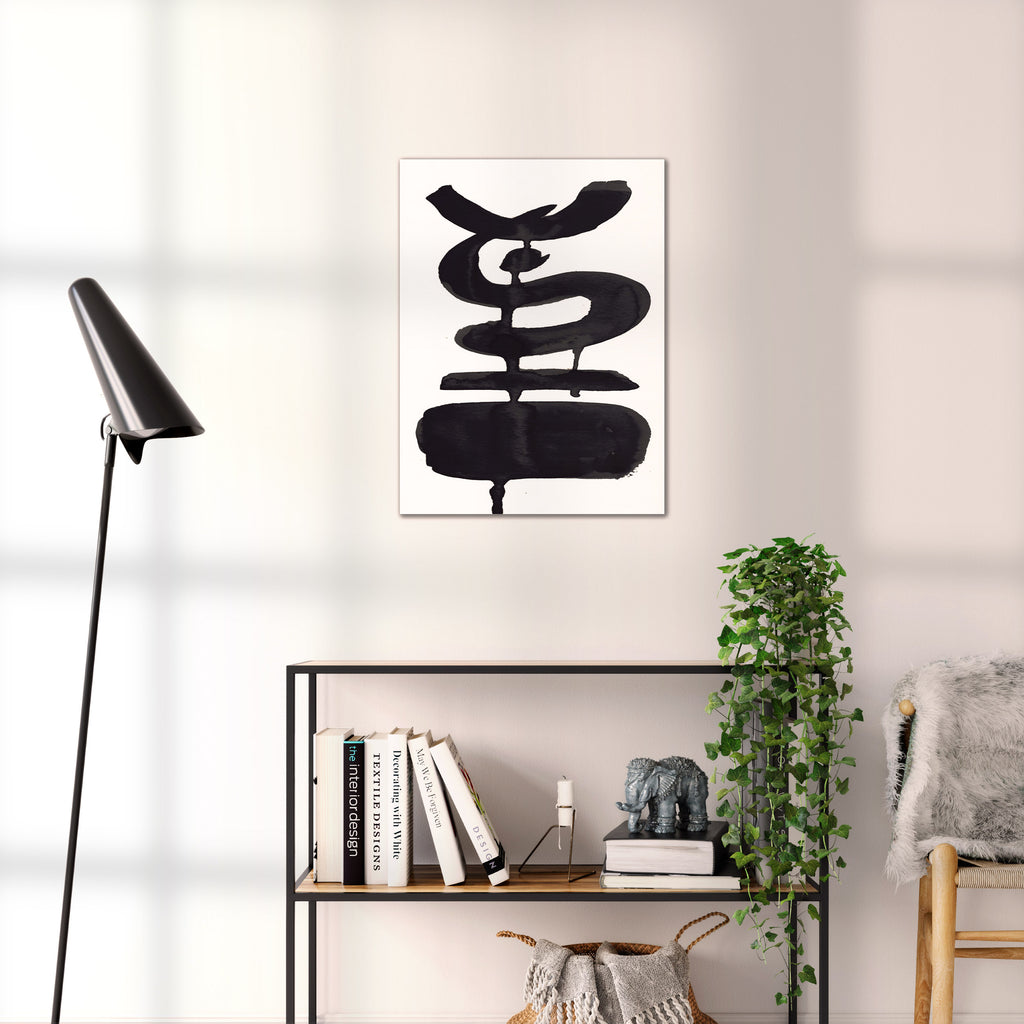 Composition in Ink 19 black ink, 45×60 cm giclée art print shown to scale in a home interior – abstract minimalist wall art, portrait format, Open Wall Studio Studies in Ink
