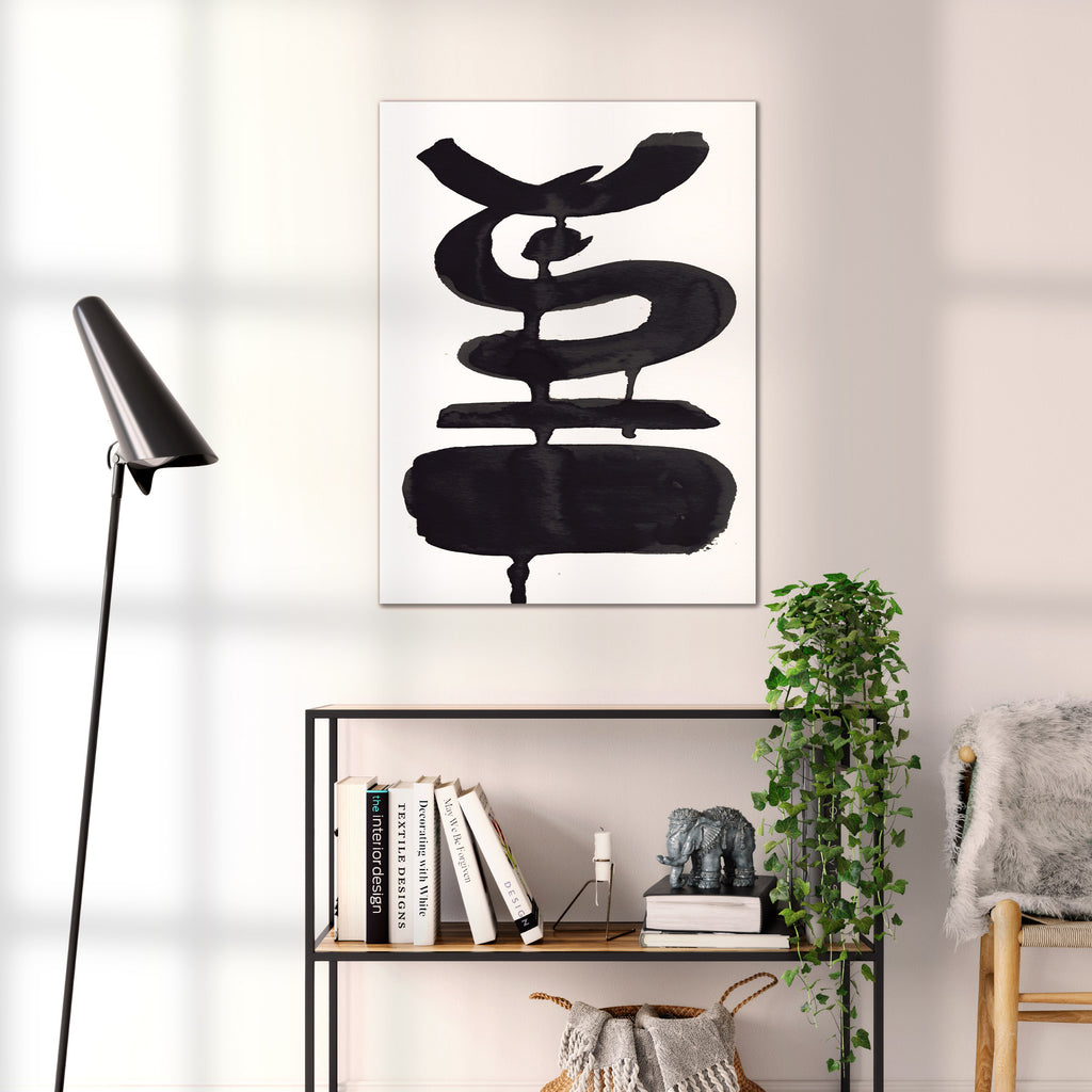 Composition in Ink 19 black ink, 60×80 cm giclée art print shown to scale in a home interior – abstract minimalist wall art, portrait format, Open Wall Studio Studies in Ink