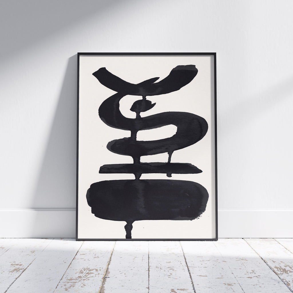 Composition in Ink 19 framed art print in black ink – contemporary abstract giclée print shown in frame, portrait format, 45×60 cm, no scale reference, Open Wall Studio