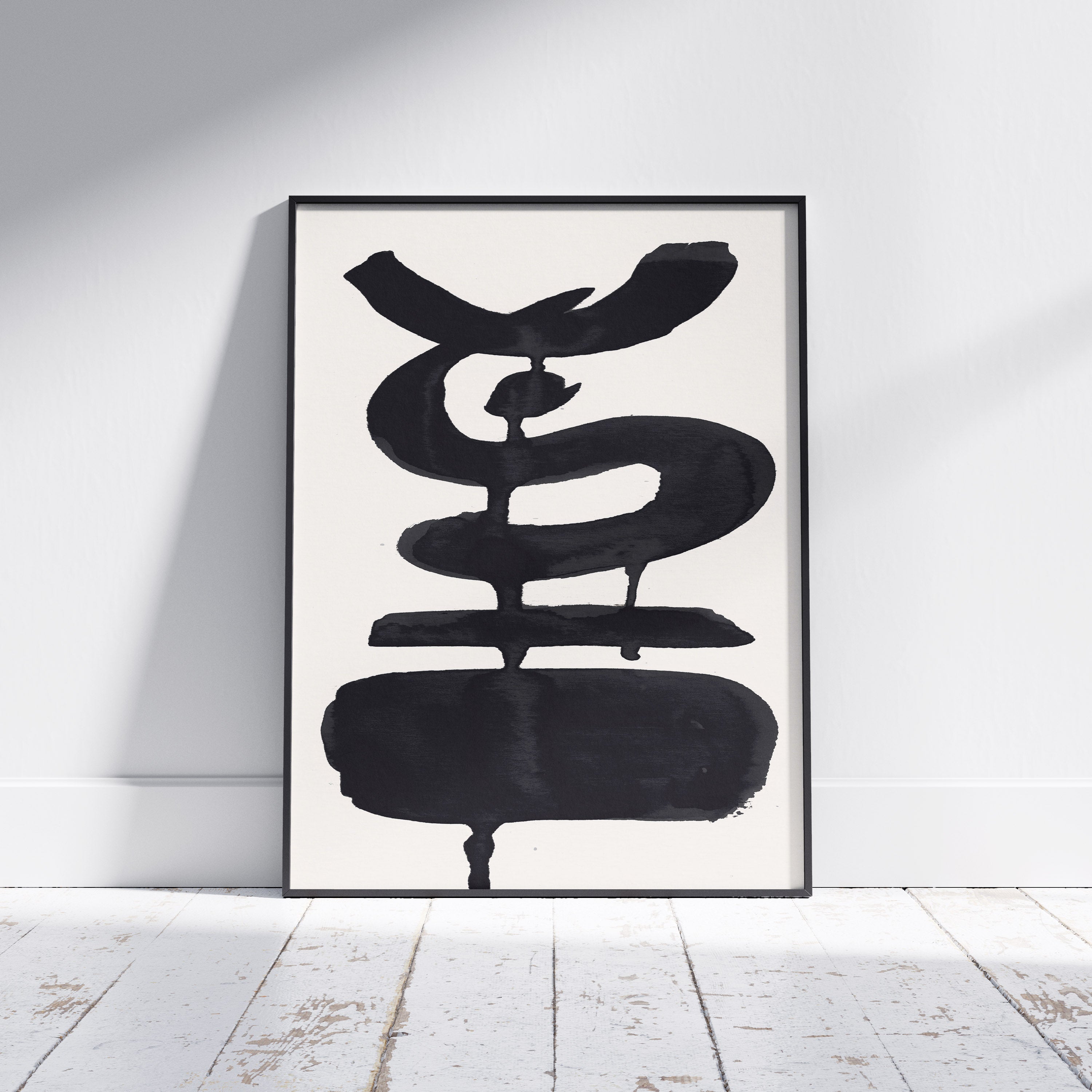 Composition in Ink 19 framed art print in black ink – contemporary abstract giclée print shown in frame, portrait format, 45×60 cm, no scale reference, Open Wall Studio