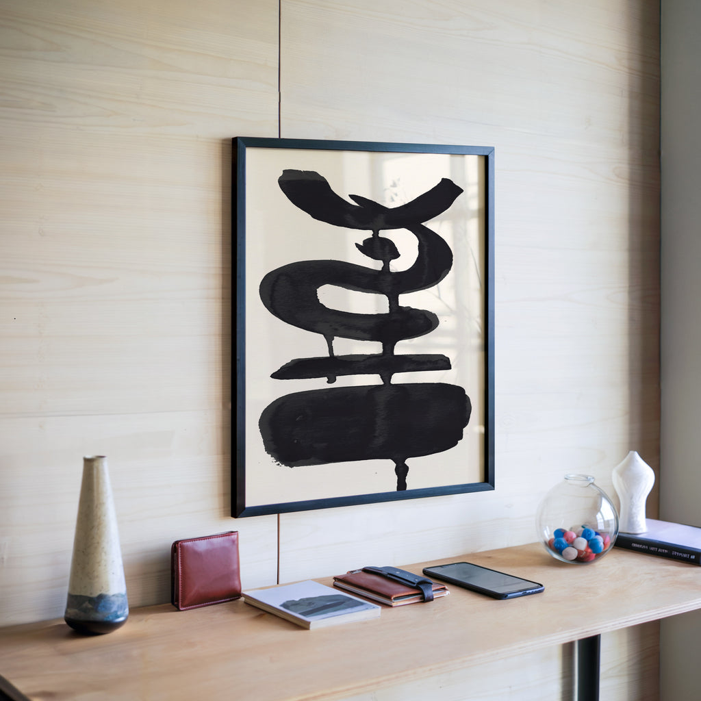 Composition in Ink 19 in black ink displayed in a modern interior, room mockup view one – abstract giclée wall art, 60×80 cm, portrait format, Open Wall Studio