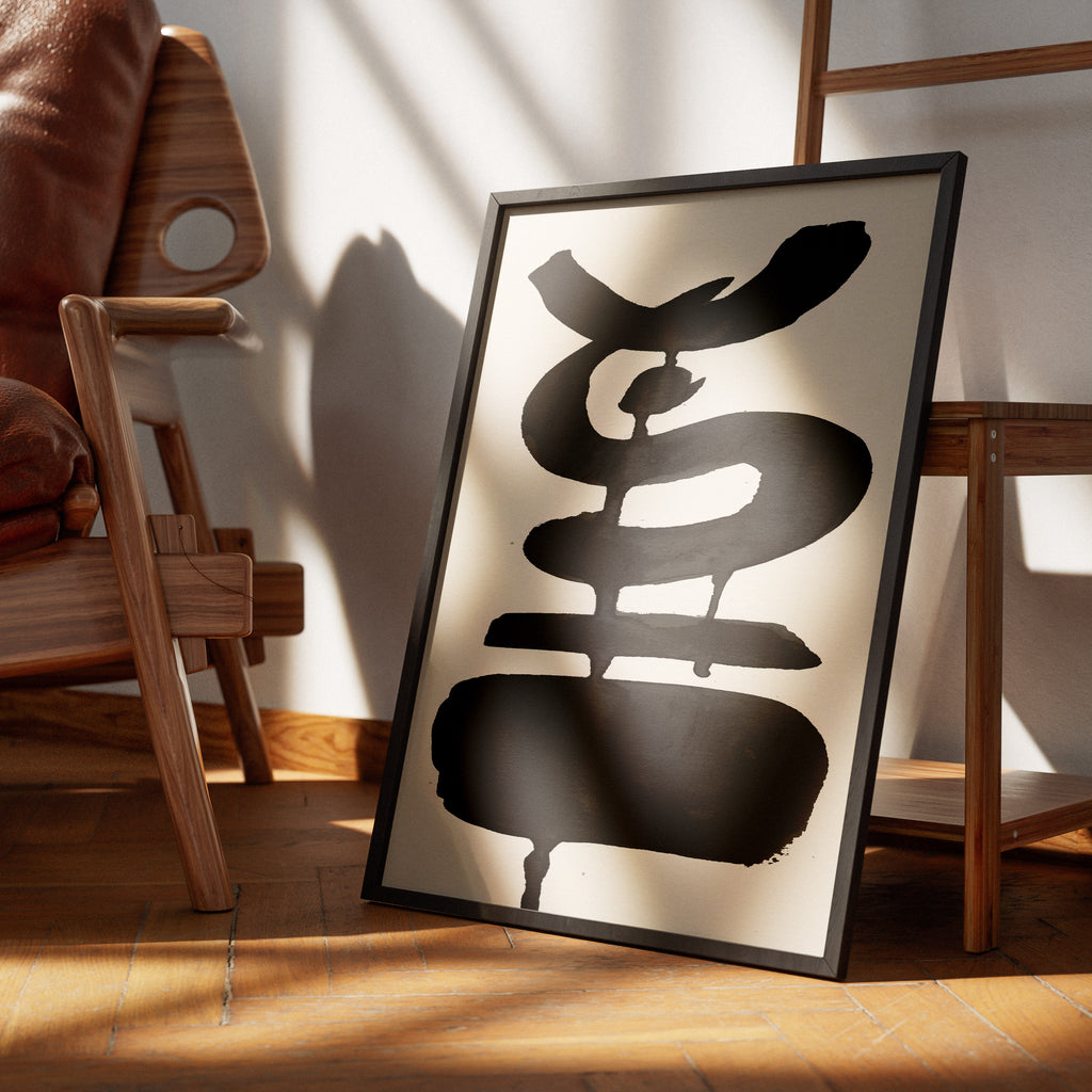 Composition in Ink 19 in black ink displayed in a modern interior, room mockup view two – abstract giclée wall art, 60×80 cm, portrait format, Open Wall Studio