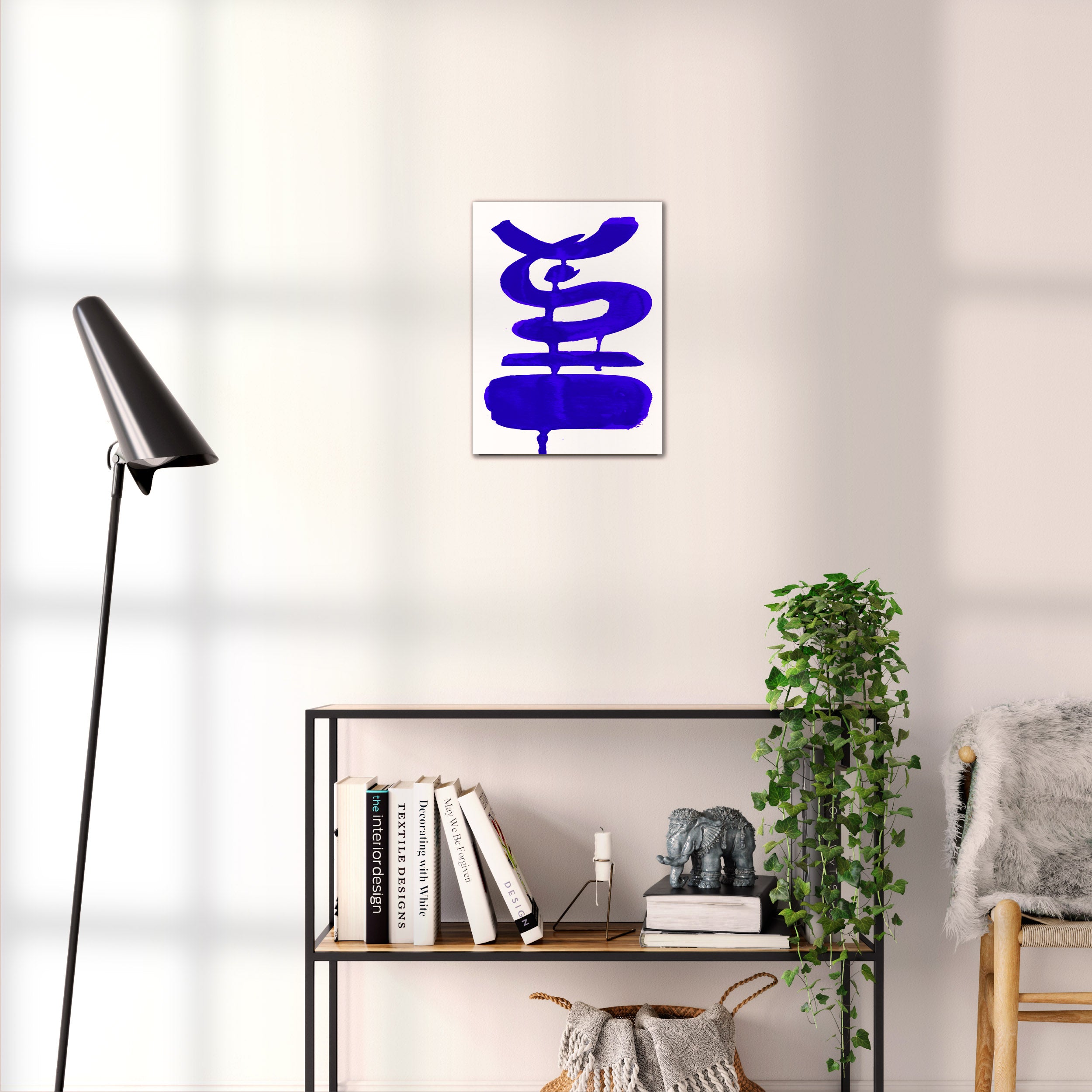 Composition in Ink 19 blue ink, 30×40 cm giclée art print shown to scale in a home interior – abstract minimalist wall art, portrait format, Open Wall Studio Studies in Ink