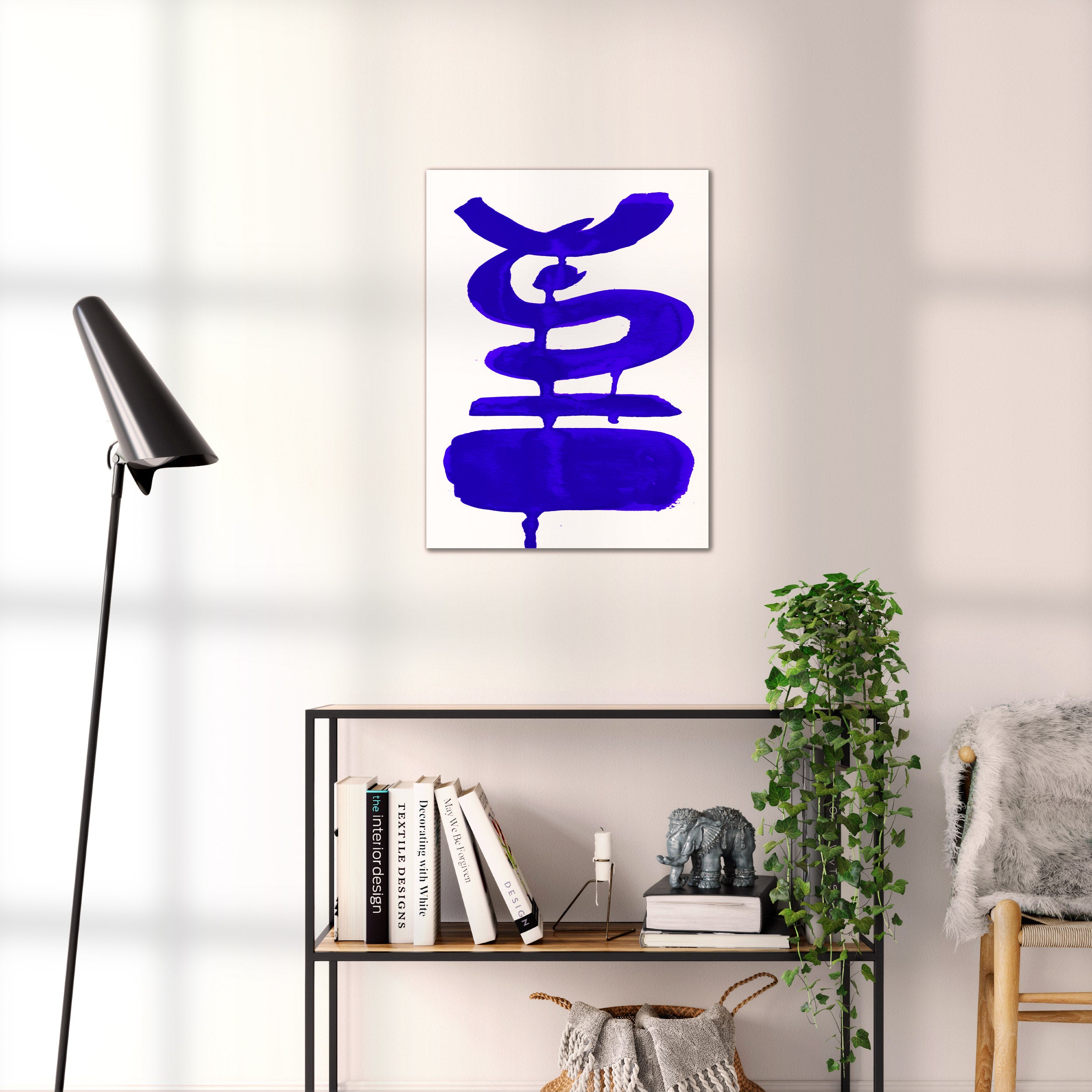 Composition in Ink 19 blue ink, 45×60 cm giclée art print shown to scale in a home interior – abstract minimalist wall art, portrait format, Open Wall Studio Studies in Ink