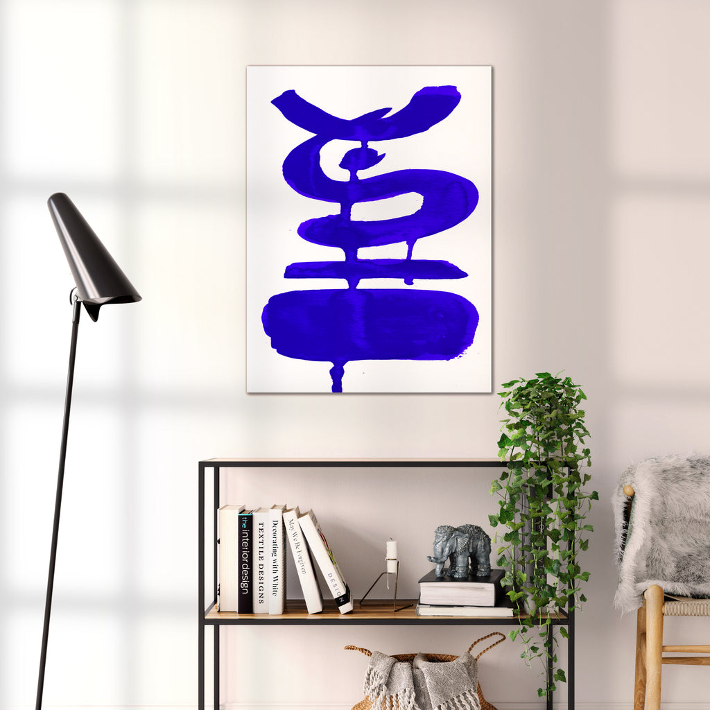 Composition in Ink 19 blue ink, 60×80 cm giclée art print shown to scale in a home interior – abstract minimalist wall art, portrait format, Open Wall Studio Studies in Ink