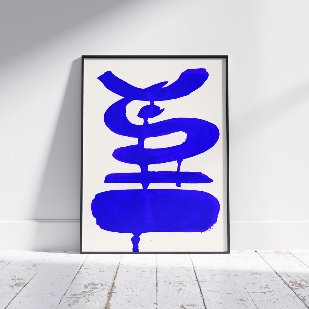 Composition in Ink 19 framed art print in blue ink – contemporary abstract giclée print shown in frame, portrait format, 45×60 cm, no scale reference, Open Wall Studio