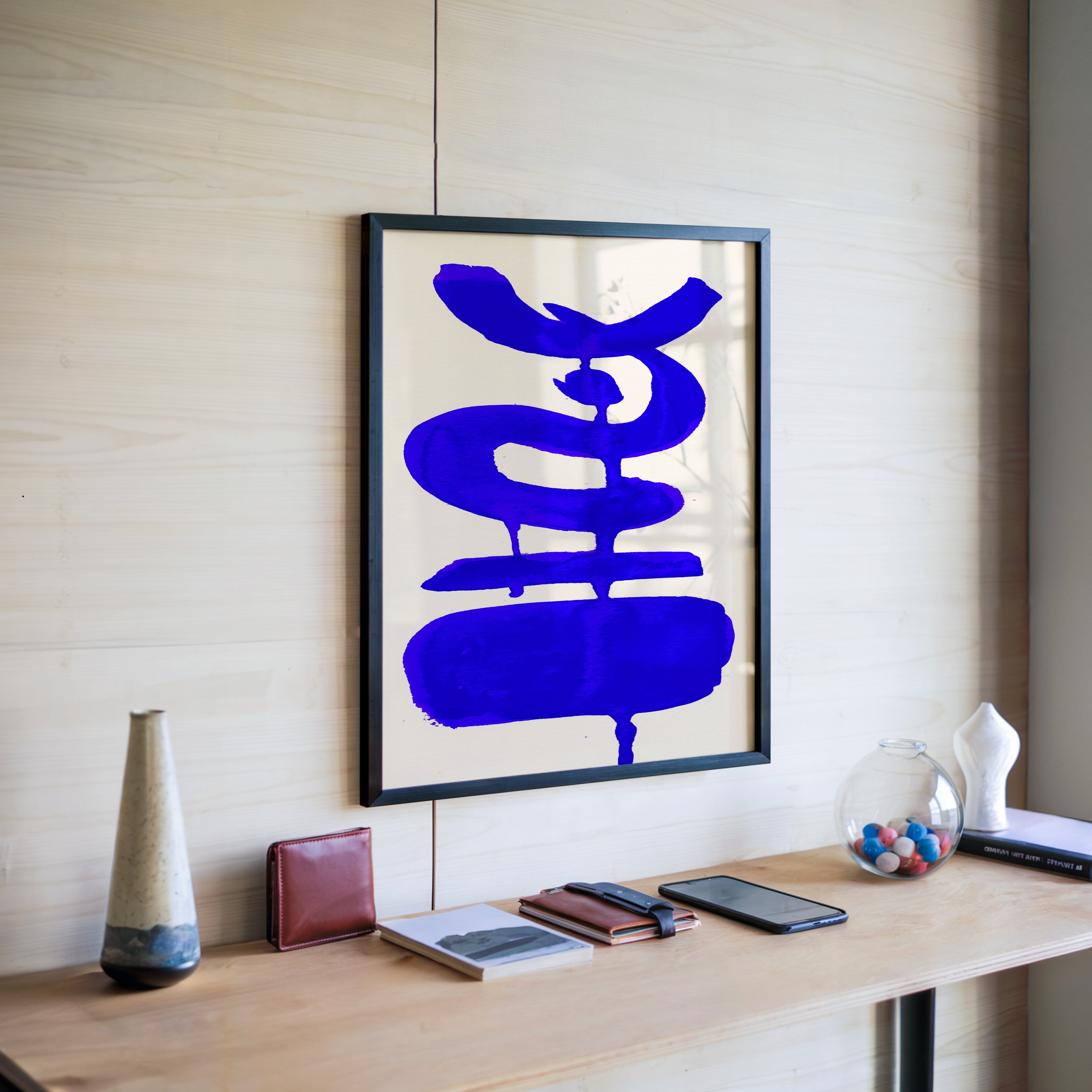 Composition in Ink 19 in blue ink displayed in a modern interior, room mockup view one – abstract giclée wall art, 60×80 cm, portrait format, Open Wall Studio