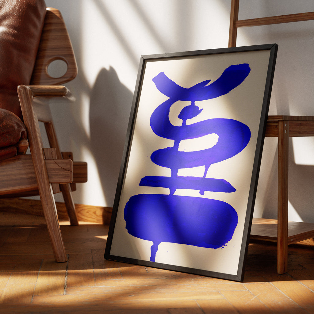 Composition in Ink 19 in blue ink displayed in a modern interior, room mockup view two – abstract giclée wall art, 30×40 cm, portrait format, Open Wall Studio