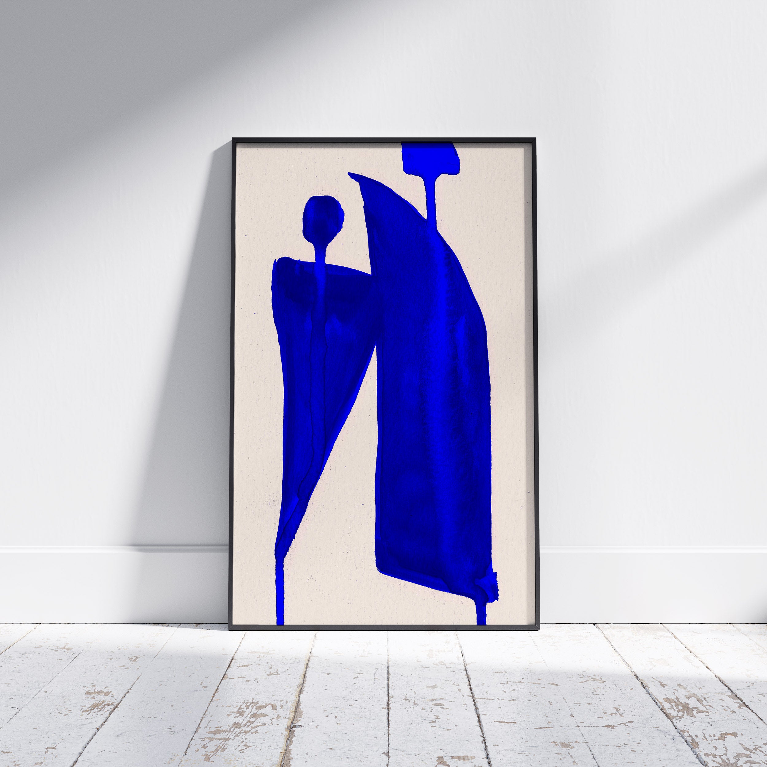 Composition in Ink 05 framed art print in blue ink – contemporary abstract giclée print shown in frame, portrait format, 60×90 cm, no scale reference, Open Wall Studio