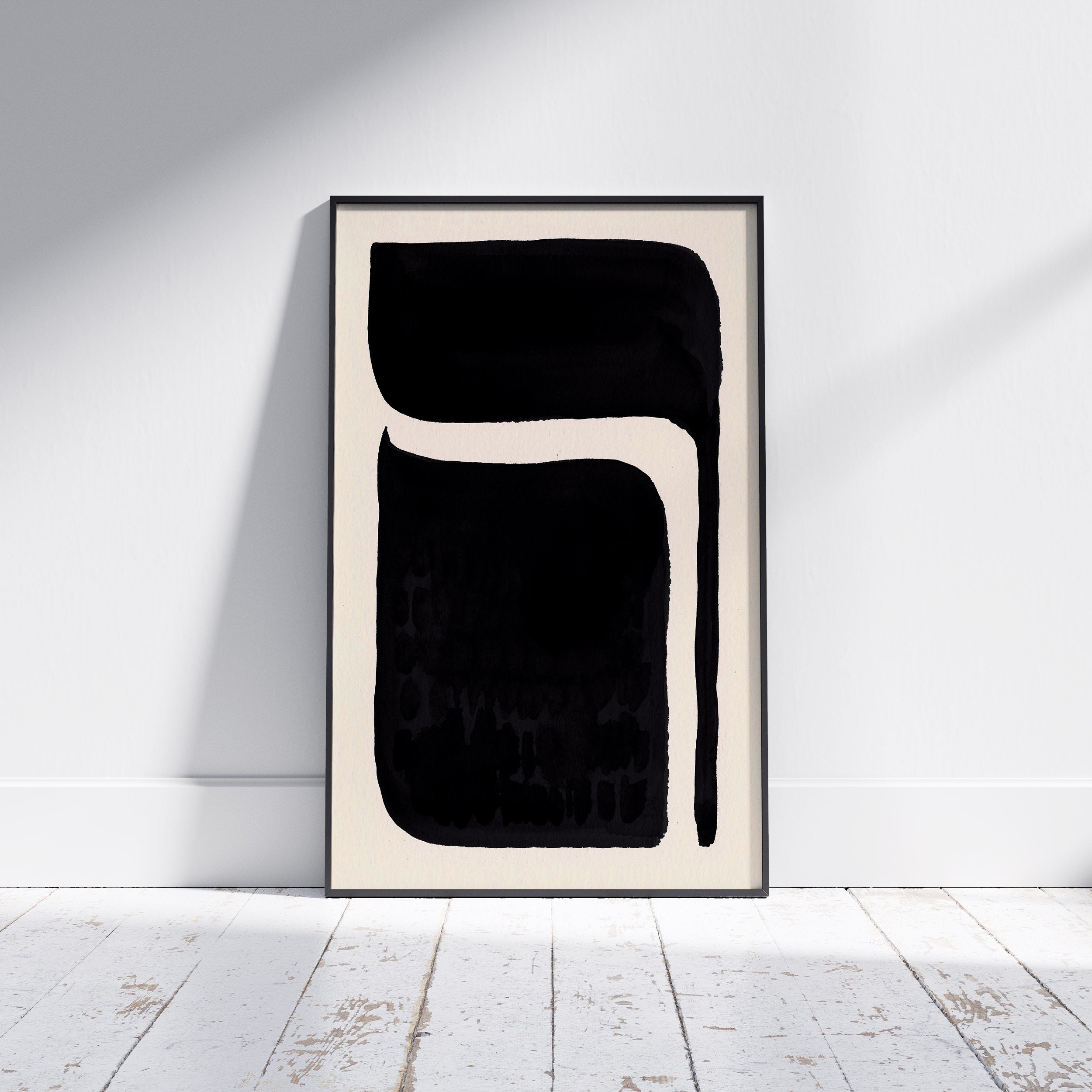 Composition in Ink 06 framed art print in black ink – contemporary abstract giclée print shown in frame, portrait format, 40×60 cm, no scale reference, Open Wall Studio