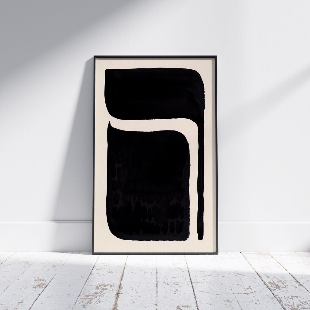 Composition in Ink 06 framed art print in black ink – contemporary abstract giclée print shown in frame, portrait format, 60×90 cm, no scale reference, Open Wall Studio