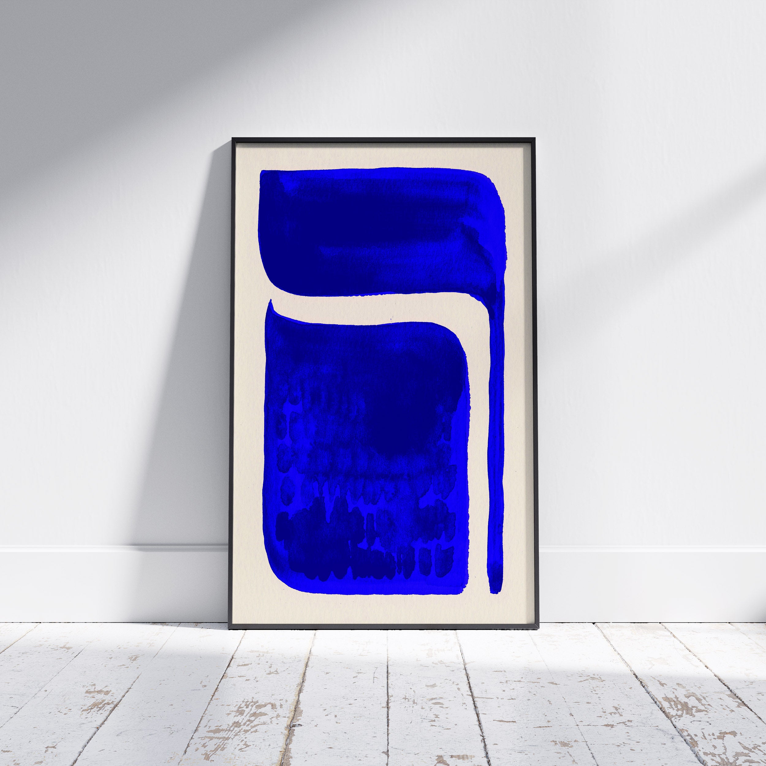 Composition in Ink 06 framed art print in blue ink – contemporary abstract giclée print shown in frame, portrait format, 60×90 cm, no scale reference, Open Wall Studio