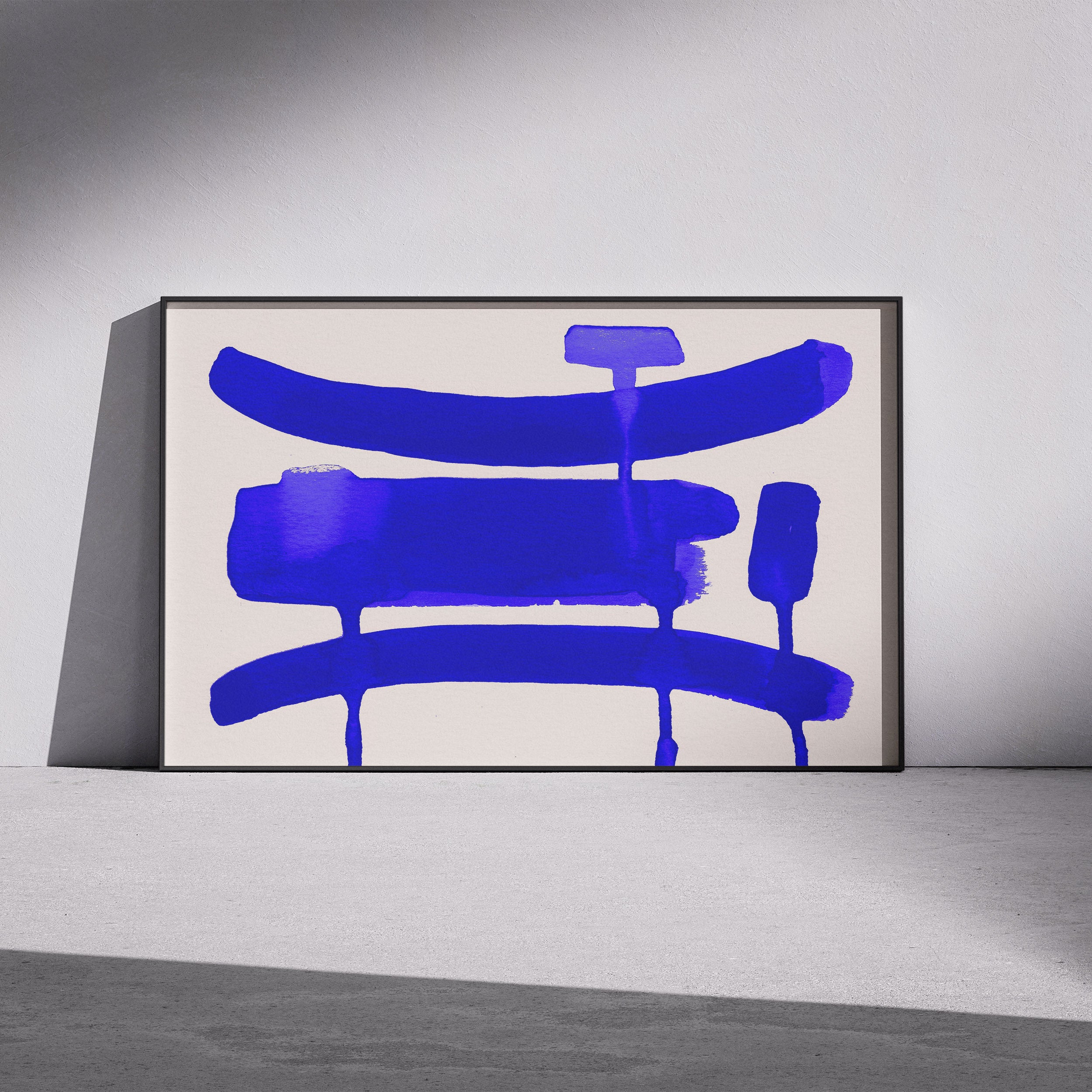 Composition in Ink 09 framed art print in blue ink – contemporary abstract giclée print shown in frame, landscape format, 60×40 cm, no scale reference, Open Wall Studio