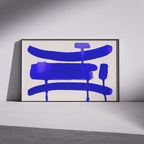 Composition in Ink 09 framed art print in blue ink – contemporary abstract giclée print shown in frame, landscape format, 90×60 cm, no scale reference, Open Wall Studio