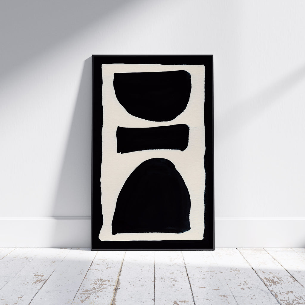 Composition in Ink 17 framed art print in black ink – contemporary abstract giclée print shown in frame, portrait format, 30×45 cm, no scale reference, Open Wall Studio