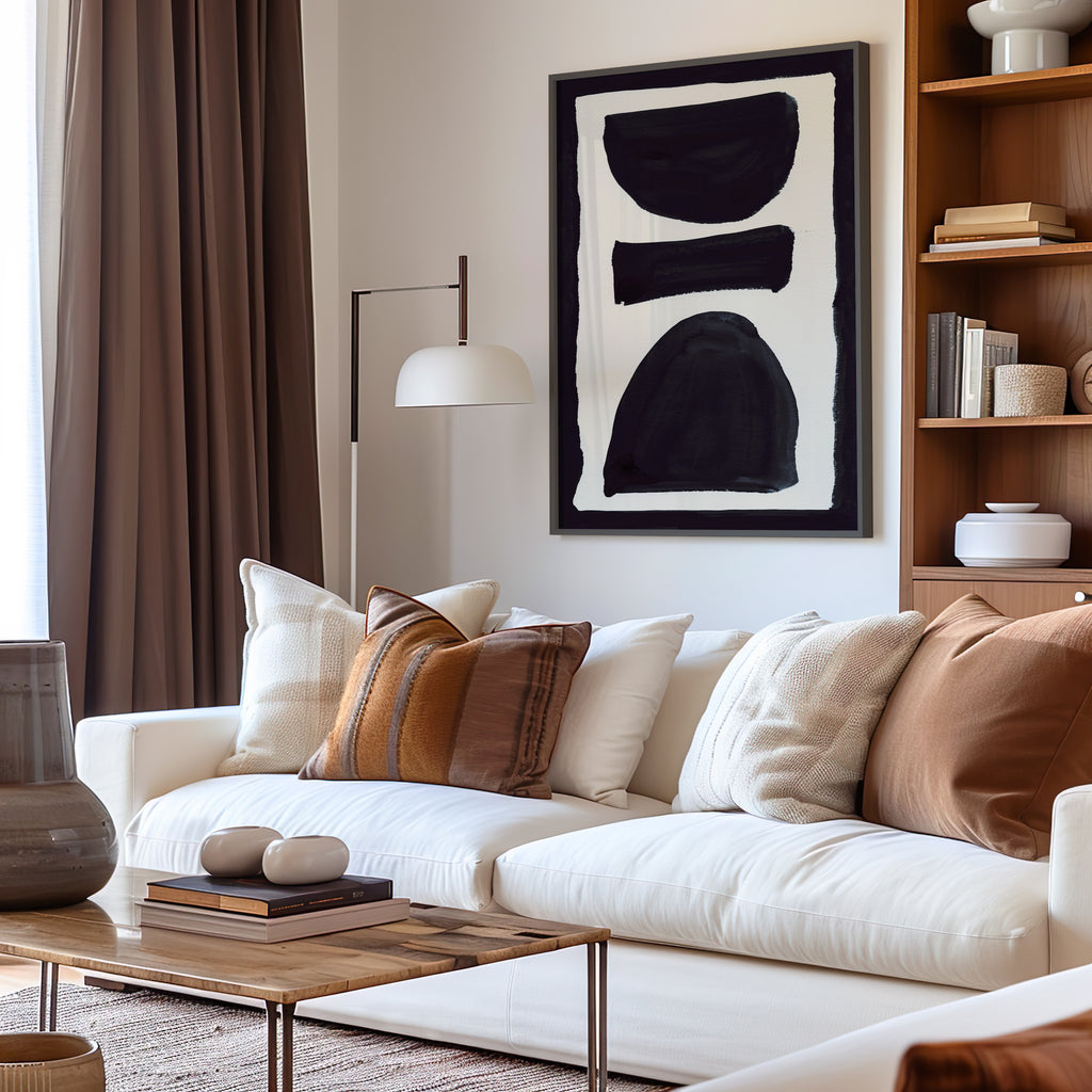 Composition in Ink 17 in black ink displayed in a modern interior, room mockup view one – abstract giclée wall art, 30×45 cm, portrait format, Open Wall Studio