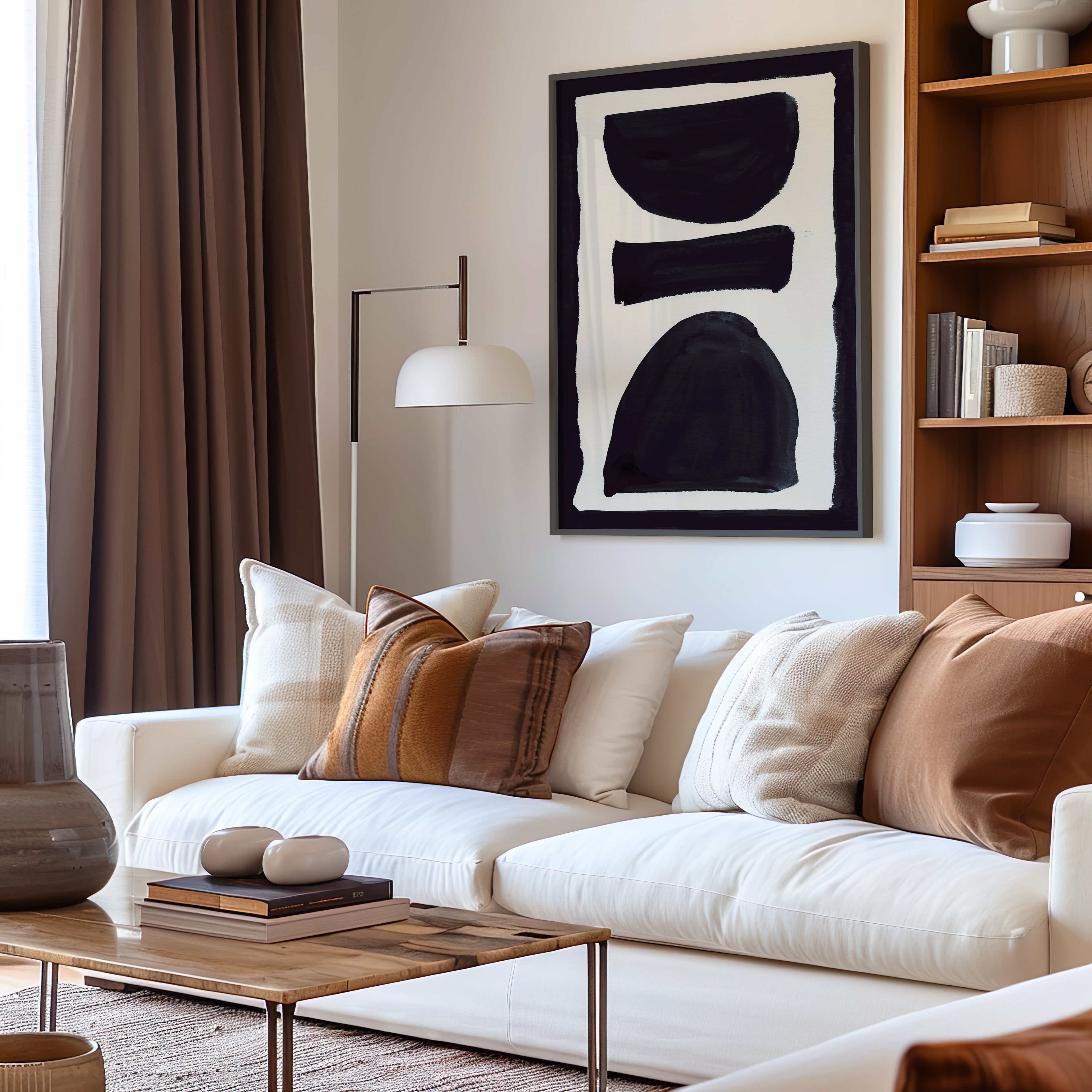 Composition in Ink 17 in black ink displayed in a modern interior, room mockup view one – abstract giclée wall art, 30×45 cm, portrait format, Open Wall Studio