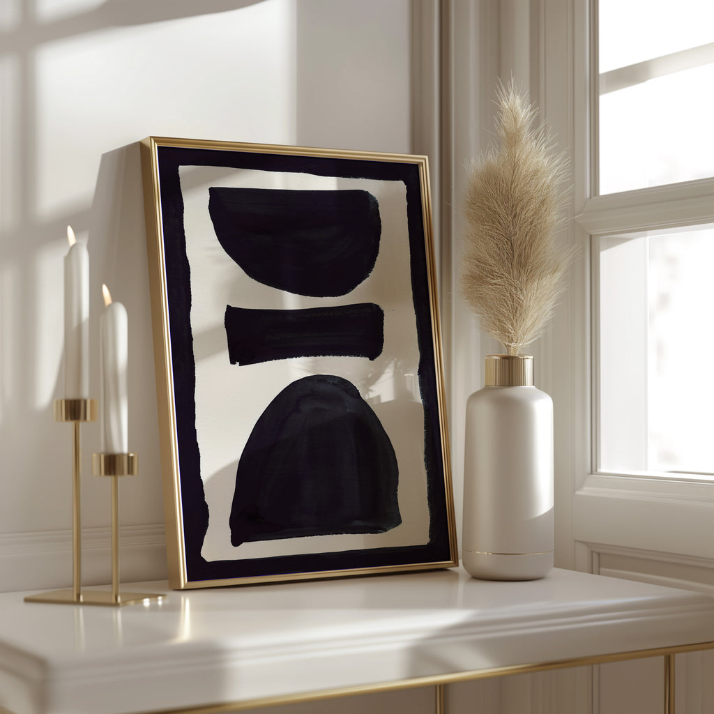 Composition in Ink 17 in black ink displayed in a modern interior, room mockup view two – abstract giclée wall art, 30×45 cm, portrait format, Open Wall Studio