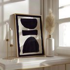 Composition in Ink 17 in black ink displayed in a modern interior, room mockup view two – abstract giclée wall art, 60×90 cm, portrait format, Open Wall Studio